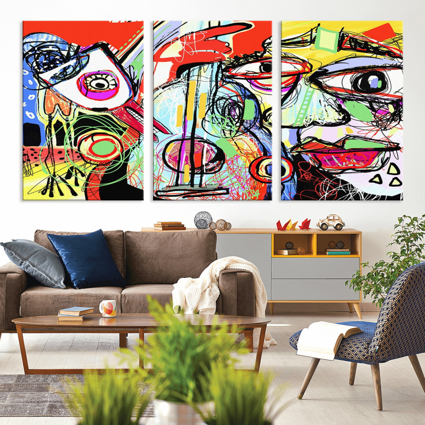 37796-MGV-CV-60X30-3P-Picasso Style Art Abstract Canvas Wall Art Print , Colorful Abstract Artwork