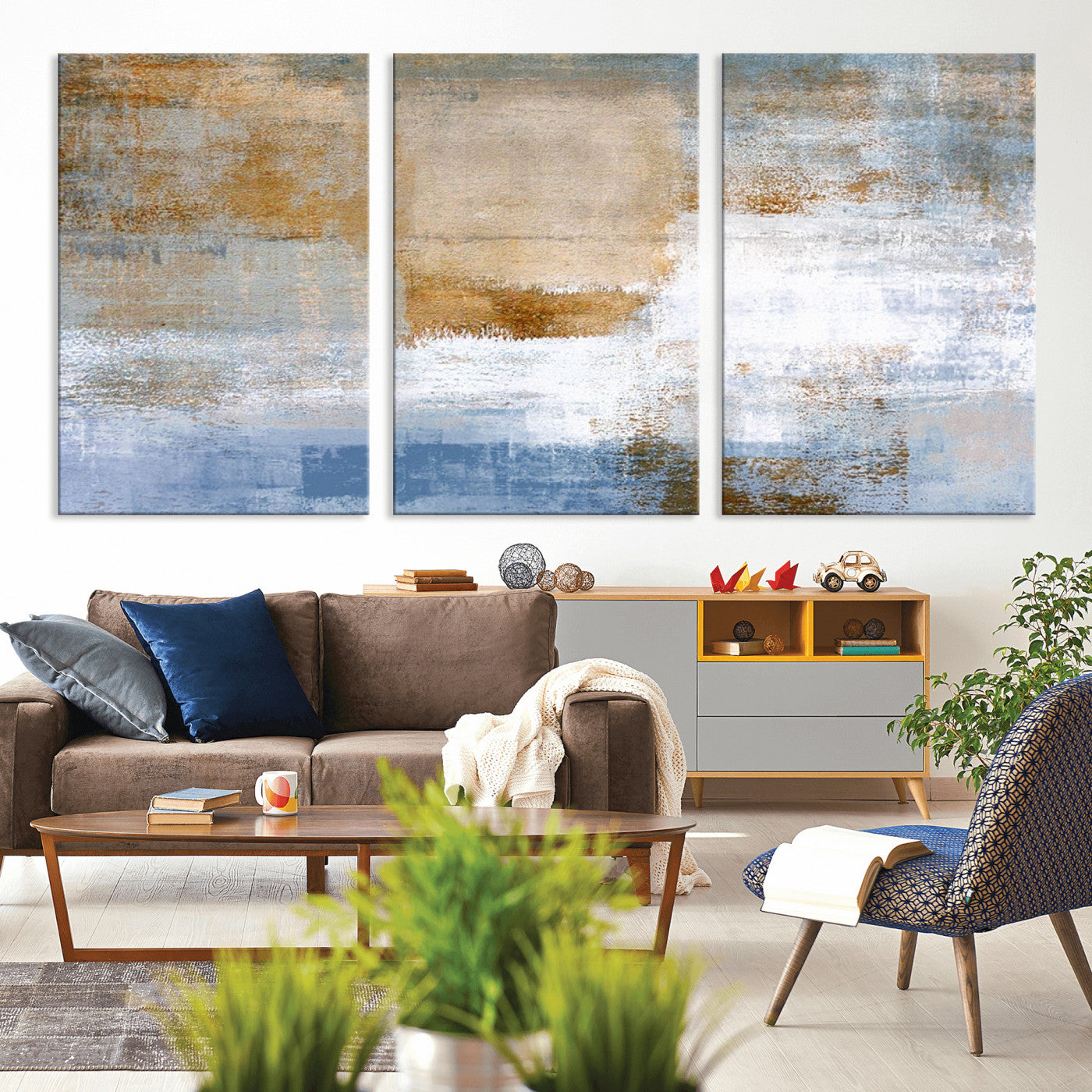 72354-MGV-CV-36X24-Blue Multi Panel Abstract Wall Art Canvas, Abstract Blue and Gold Canvas Print