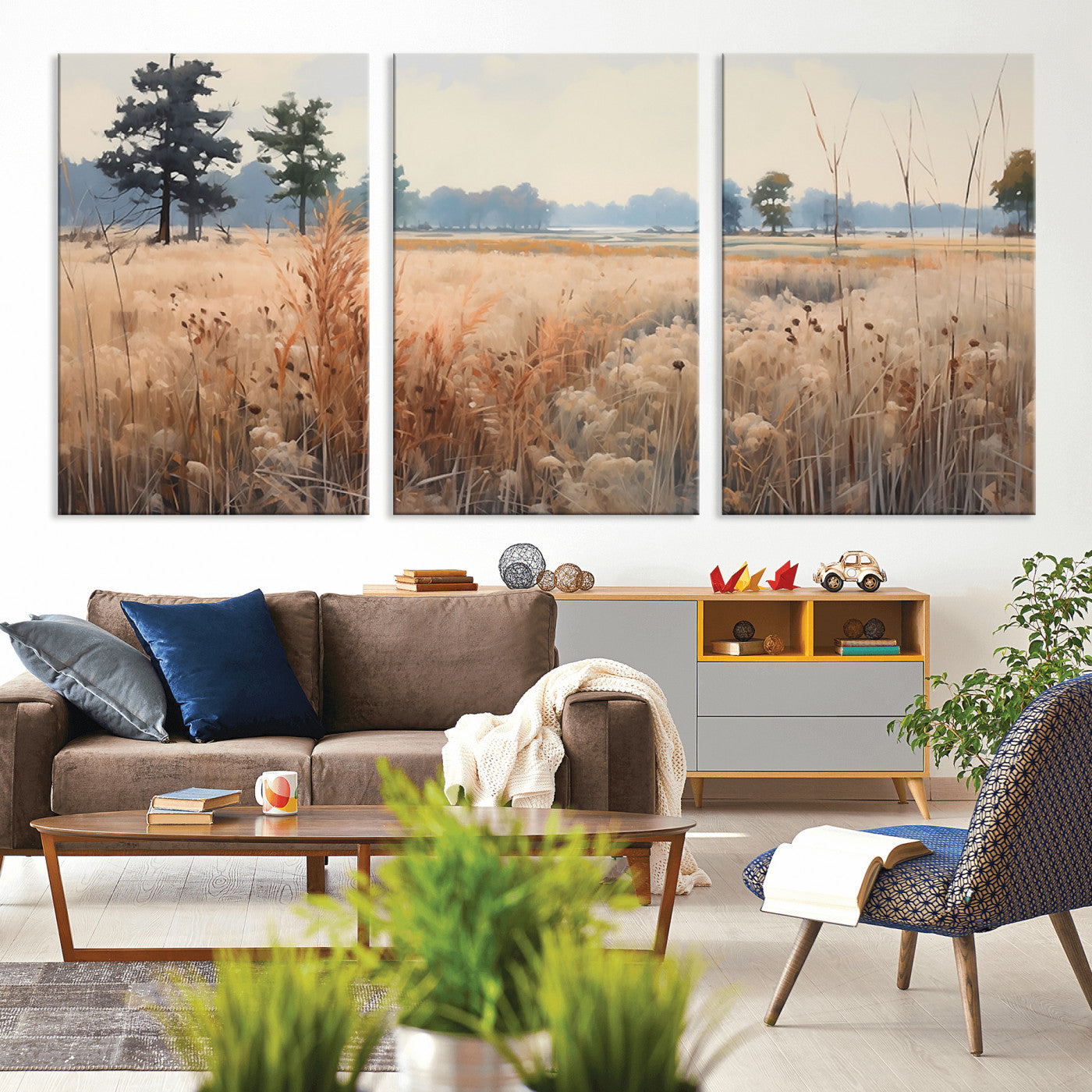 98822-MGV-CV-60X30-3P-Golden Fields Canvas Wall Art Print – Serene Landscape of Nature’s Tranquility in Minimalist Modern