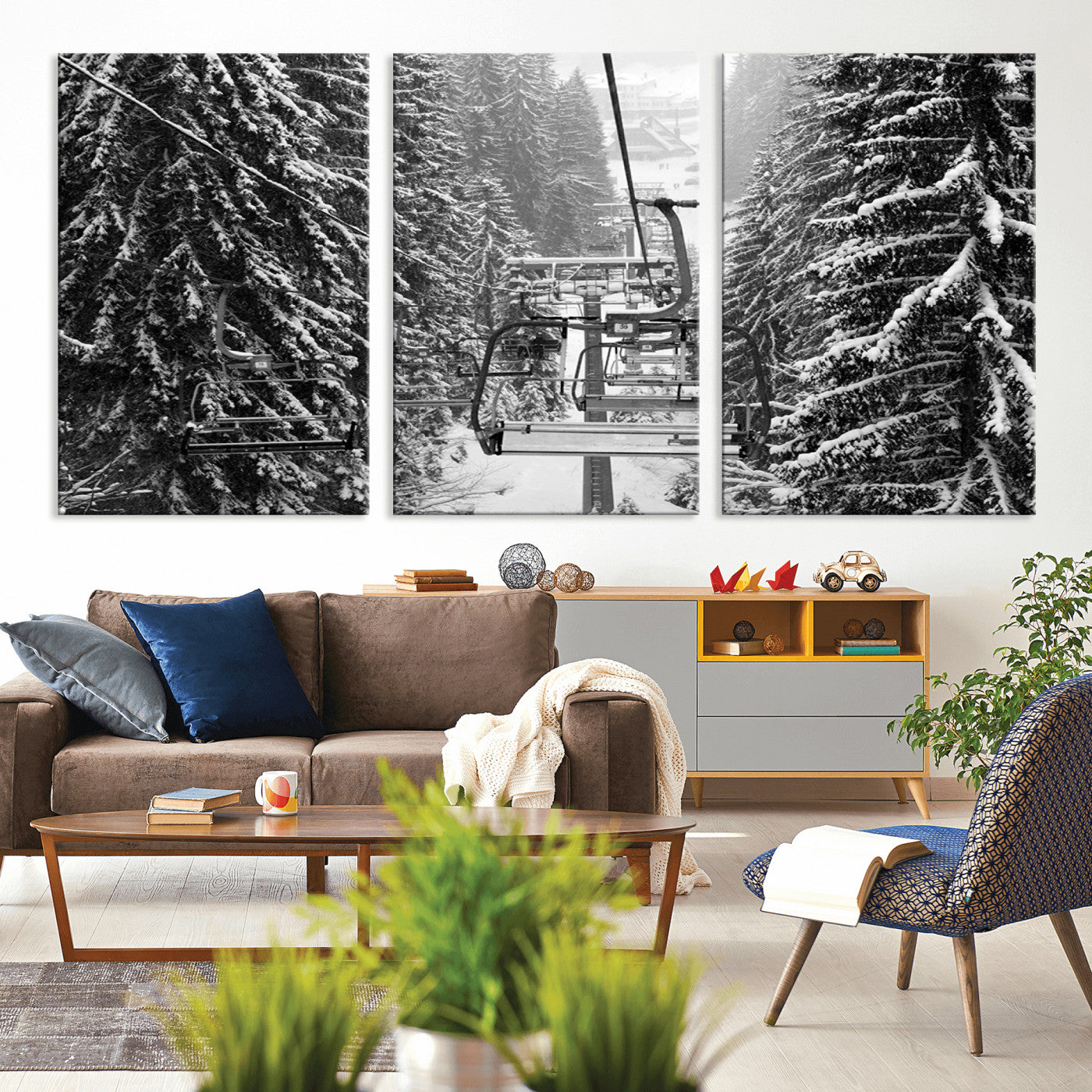 19240-MGV-CV-36X24-Winter Ski Lift Black and White Canvas Wall Art – Alpine Escape in Minimalist Style – Winter Ski