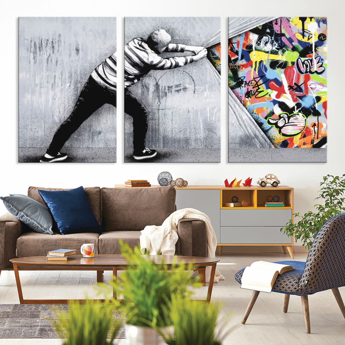 52252-MGV-CV-36X24-Banksy Art Behind the Curtain Street Wall Art Canvas Print | 3-Panel Urban Graffiti-Inspired Wall