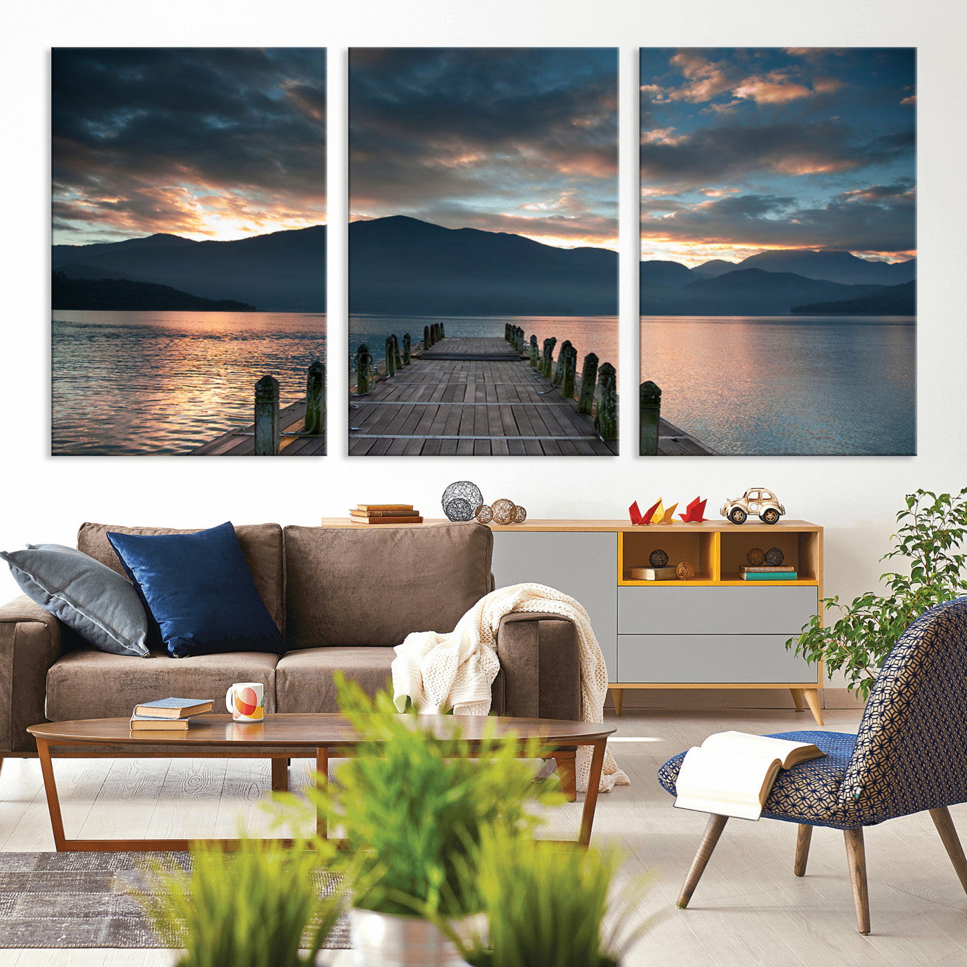 -Mountain Lake Wood Pier Canvas Wall Art Nature Lake Print