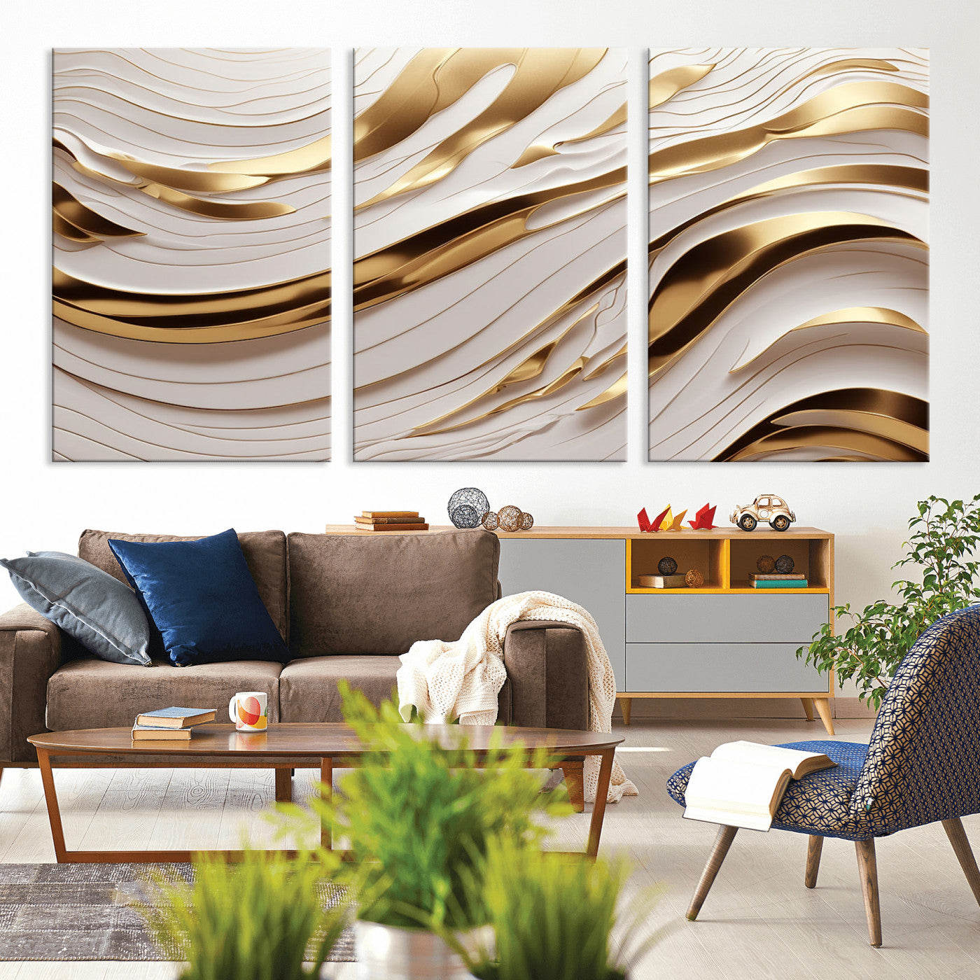 81197-MGV-CV-36X24-Gold and White Abstract Wave Canvas – Elegant Flowing Design with Luxurious Golden Accents –