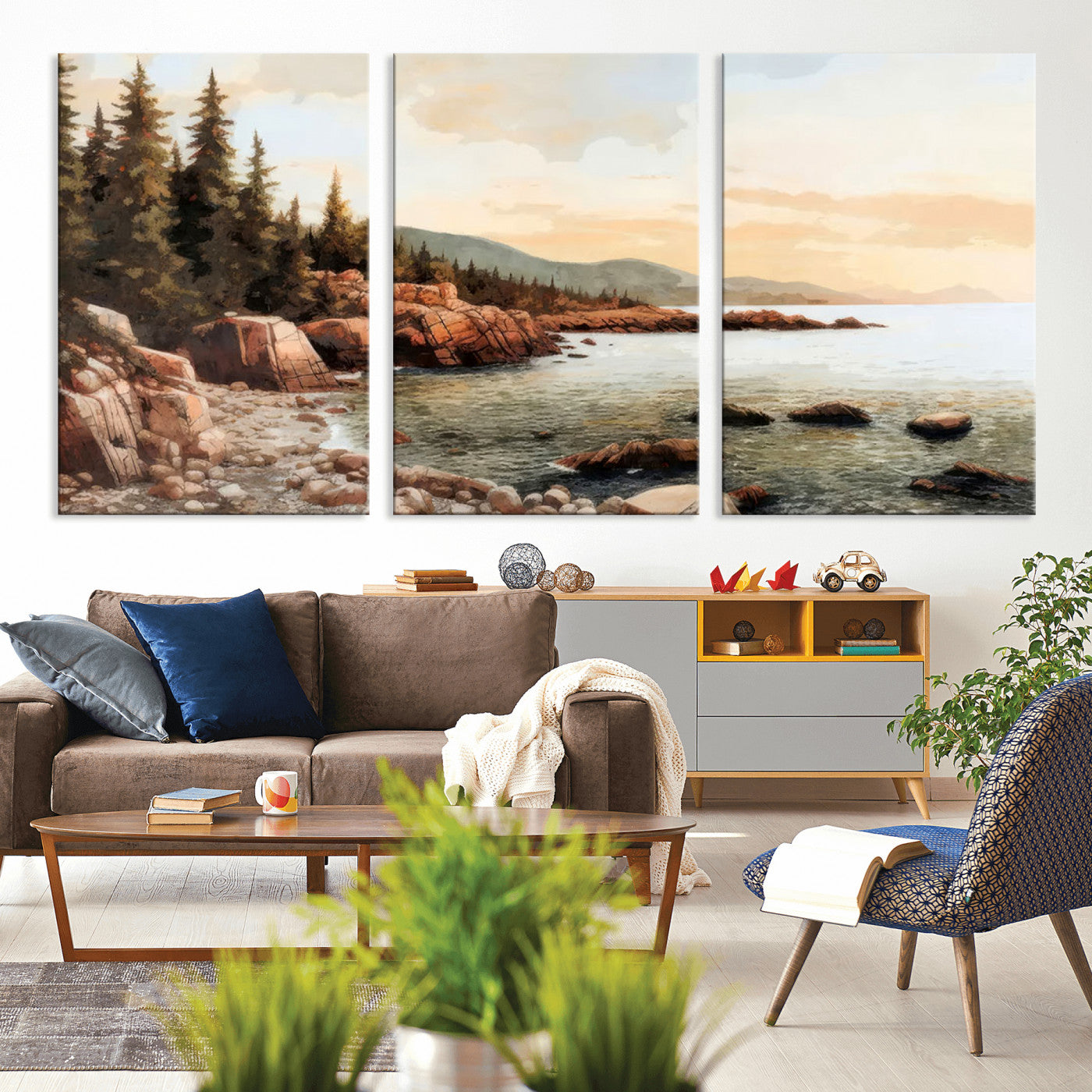 77145-MGV-CV-36X24-Serene Coastal View of Acadia National Park Wall Art - Stunning 3-Panel Wall Art Canvas Print,