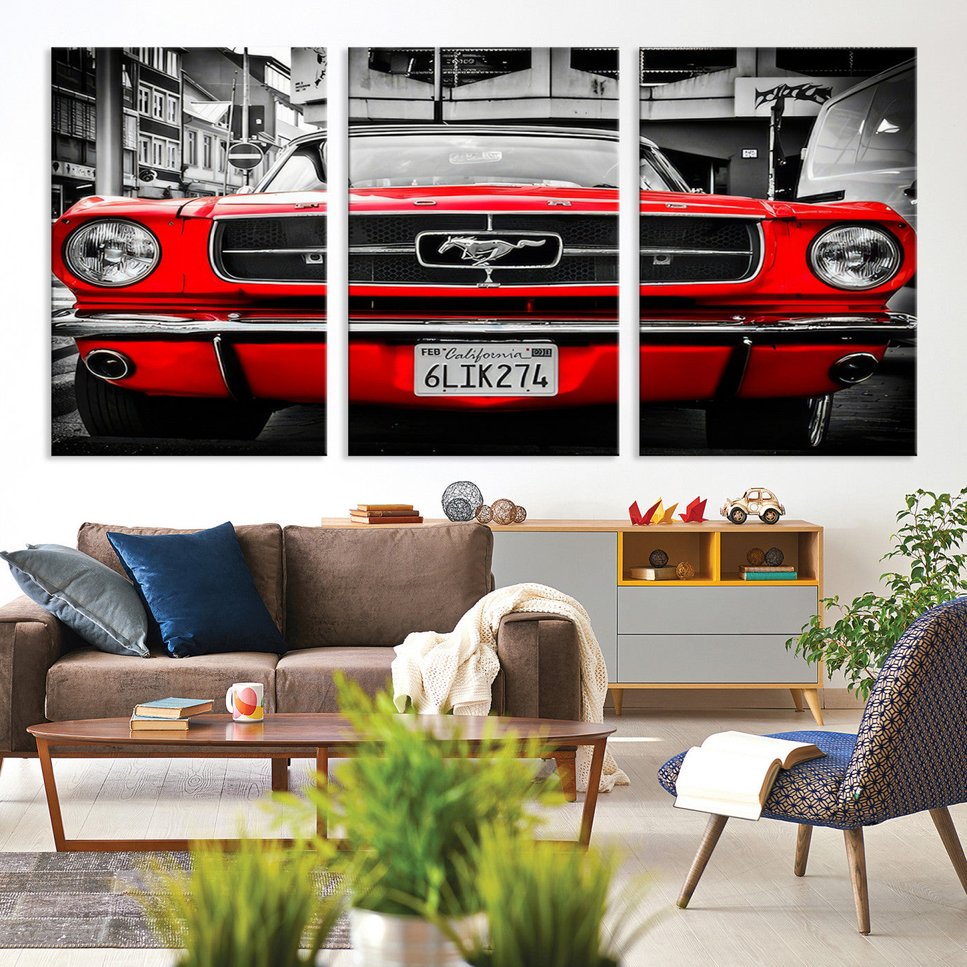 20365-MGV-CV-48X32-3P-Red Mustang Car Wall Art – Framed Classic Vehicle Canvas Artwork, Black White Urban Design, Decor for Home, Office
