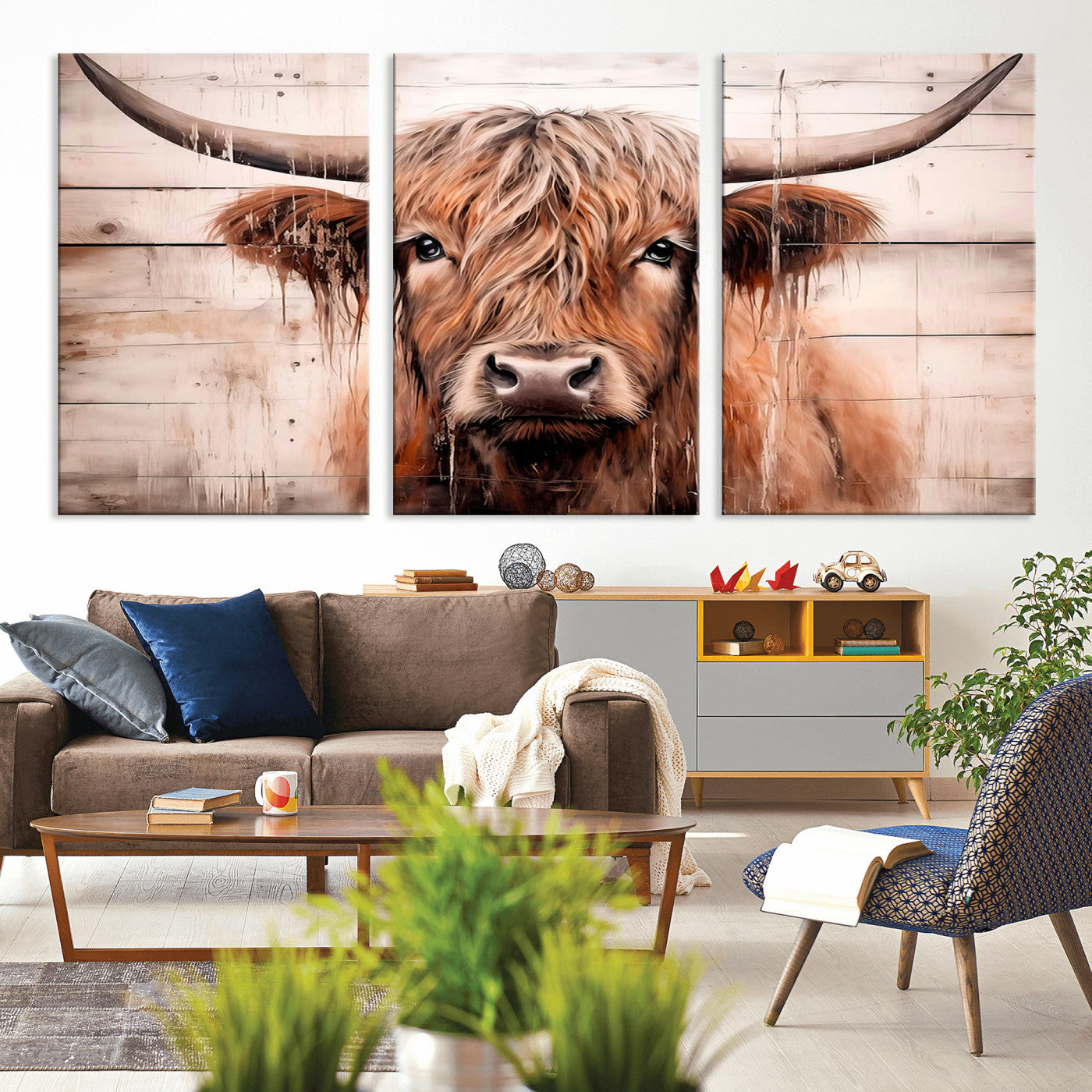 93730-MGV-CV-60X30-3P-Vintage Scottish Highland Cow Cattle Art Print Farmhouse Wall Art Canvas Print