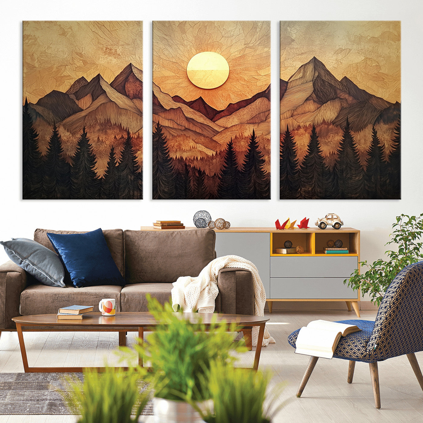 71340-MGV-CV-36X24-Wood Style Abstract Mountain Sunset Canvas Wall Art Print - Warm Earth Nature-Inspired Decor for