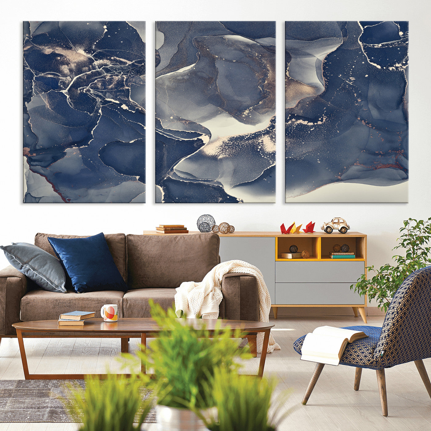 28282-MGV-CV-60X30-3P-Large Abstract Blue and Gold Canvas Wall Art | Fluid Ink Artwork Print | Luxury Wall Decor for