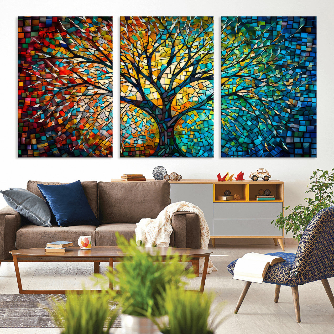 99325-MGV-CV-36X24 - Yggdrasil Tree of Life Wall Art Print Canvas | Mosaic Style 3-Panel Canvas Print