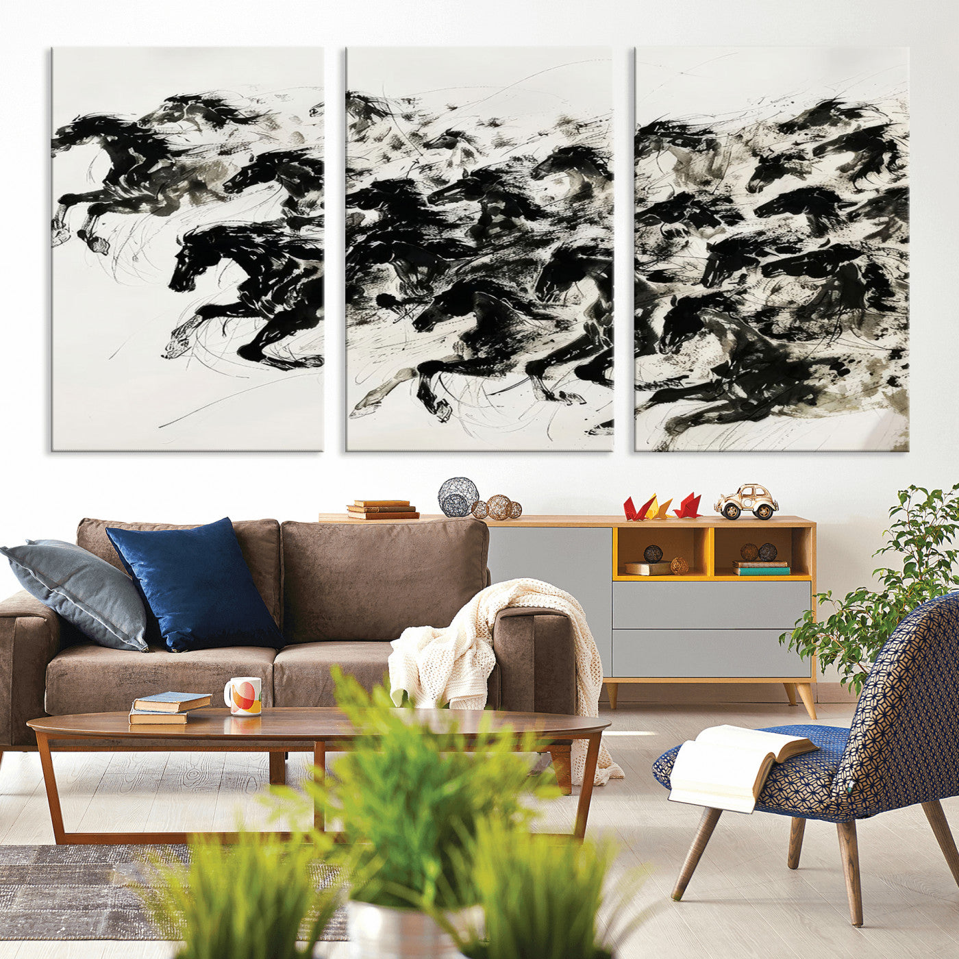 MGV-CV-60X30-3P - Abstract Horse Wall Art Canvas Print - Dynamic Black Ink Horse Print - Modern Equine Wall Decor for