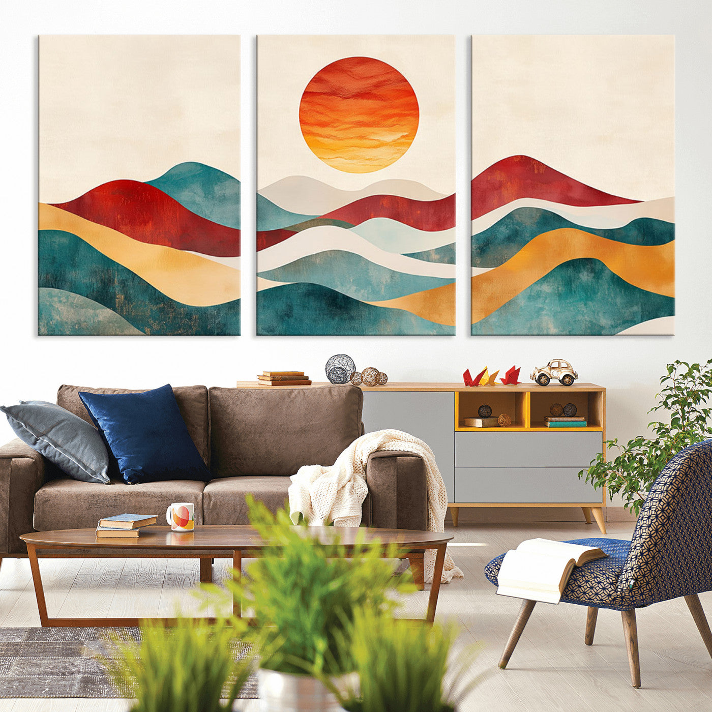 -Southwest Mountain Canvas - Boho Triptych Wall Art - Rustic Woodland Nursery Decor - Abstract Nature