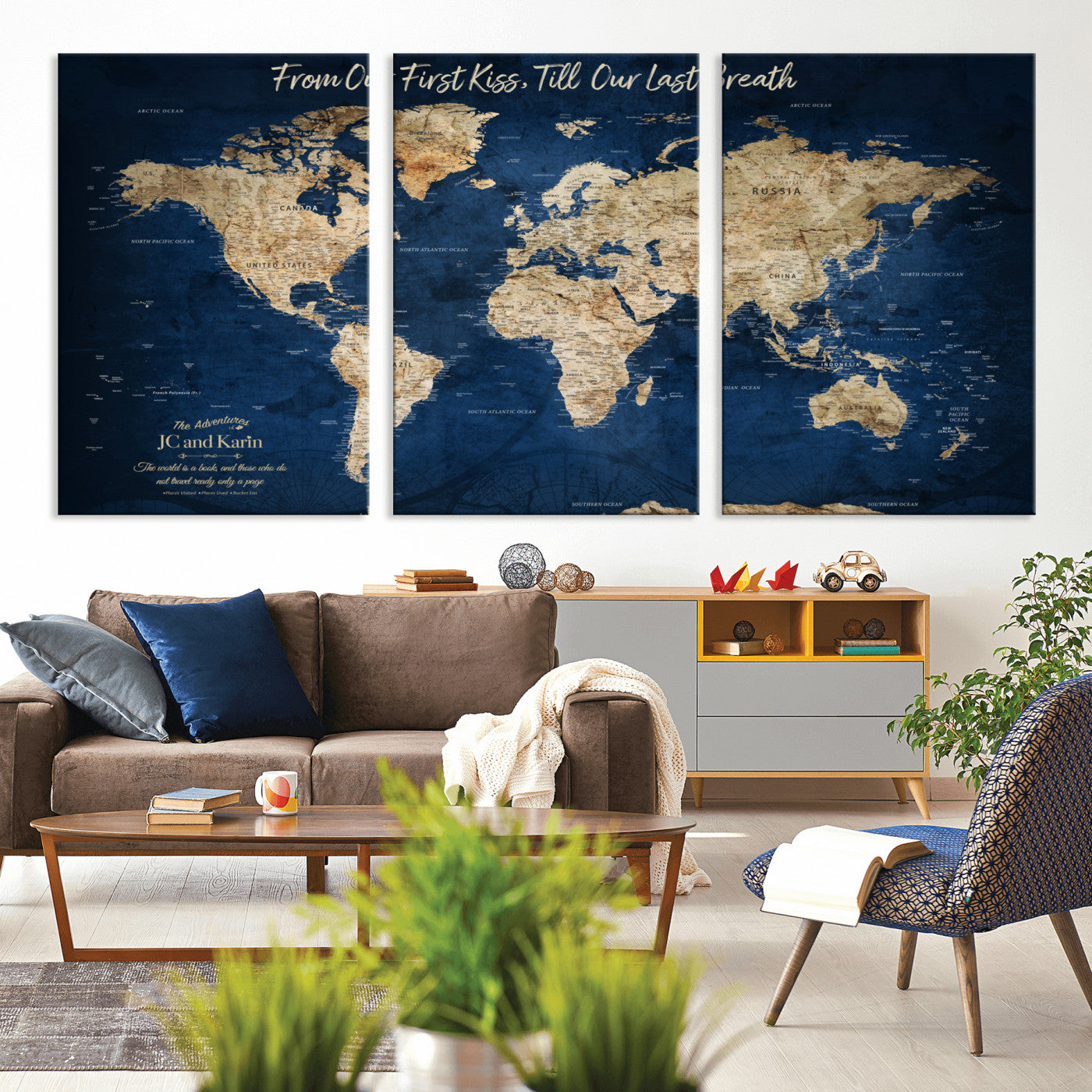 -Personalized Push Pin World Map Canvas Print – Custom Couple Travel Tracker Wall Art, Framed Anniversary Gift for Home Decor