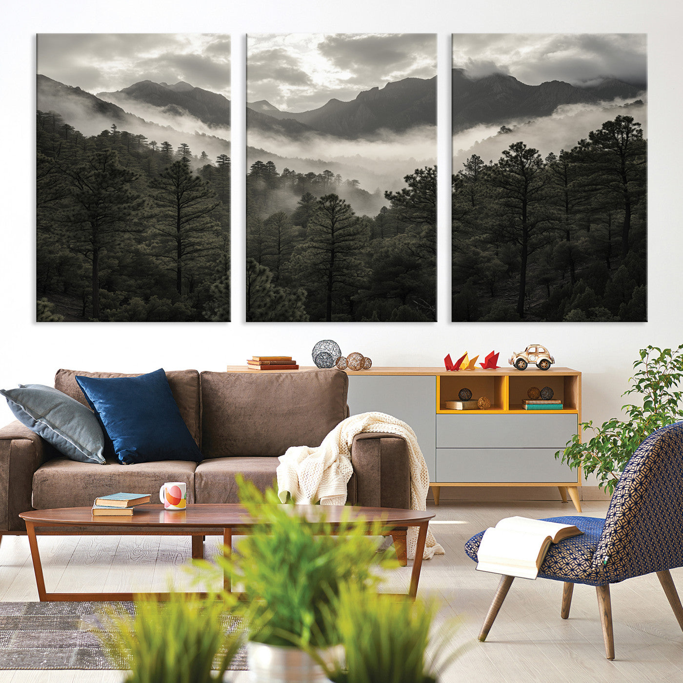 Canvas of moody pine forest and foggy mountain peaks under overcast skies, ideal for calm and rustic woodland-themed home decor.