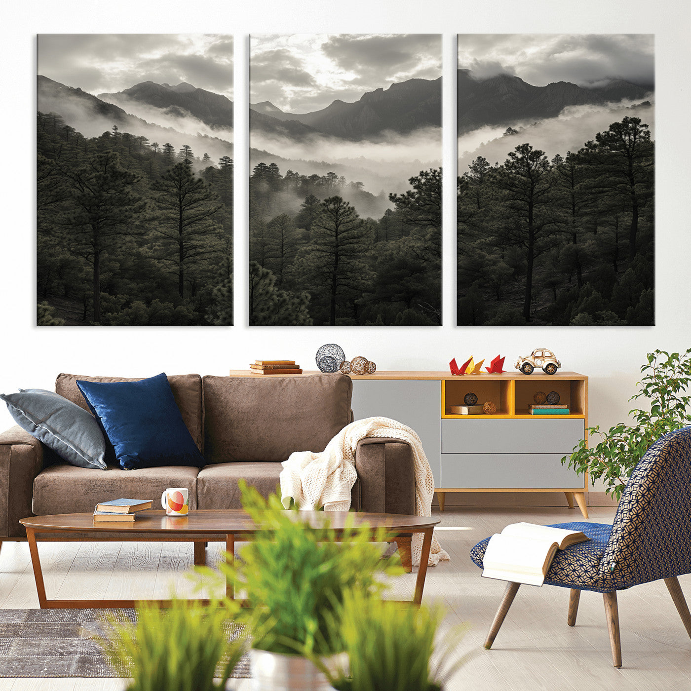 MGV-CV-60X30-3P - Misty Mountain Forest Wall Art – Canvas Print of Cloudy Peaks, Tranquil Pines, Enchanted Landscape, Majestic Nature Decor for Home or Office