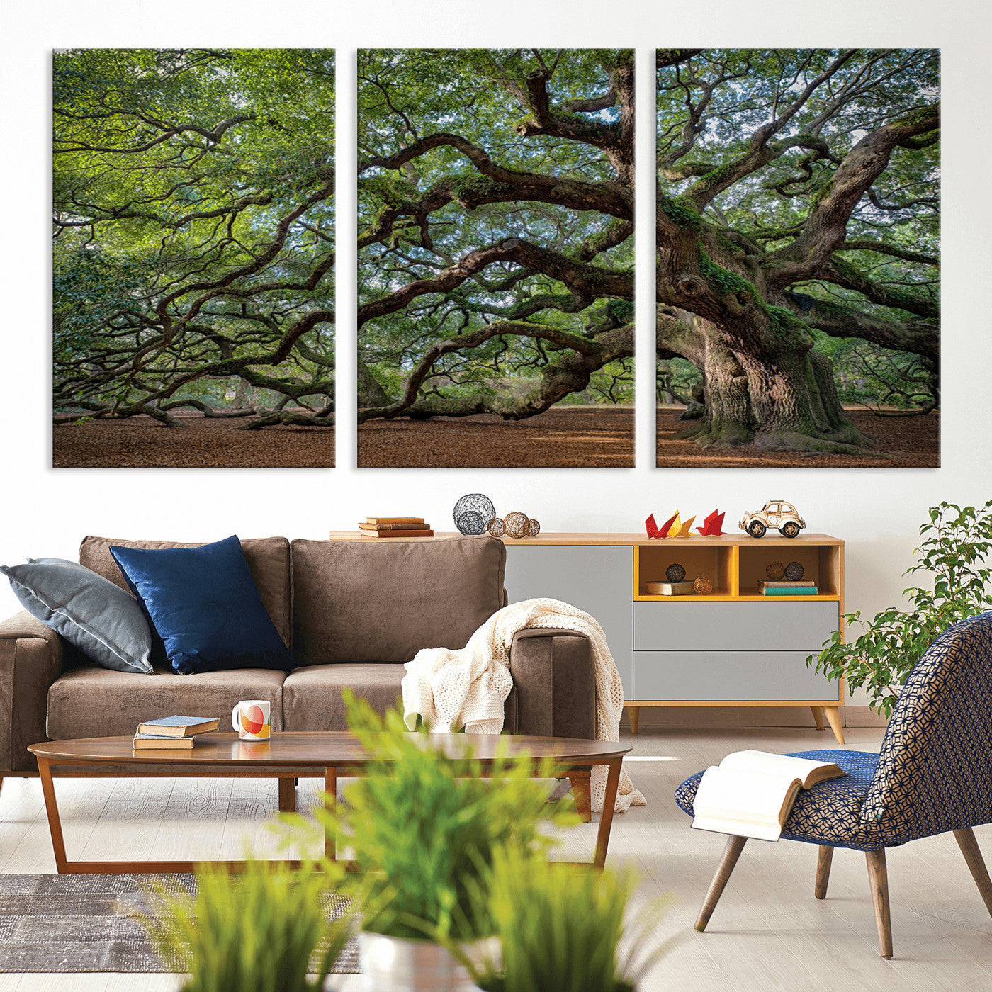 MGV-CV-60X30-3P - Ancient Oak Tree Wall Art – Canvas Print of Expansive Branches Lush Green Canopy, Tranquil Landscape, Majestic Nature Decor for Home or Office