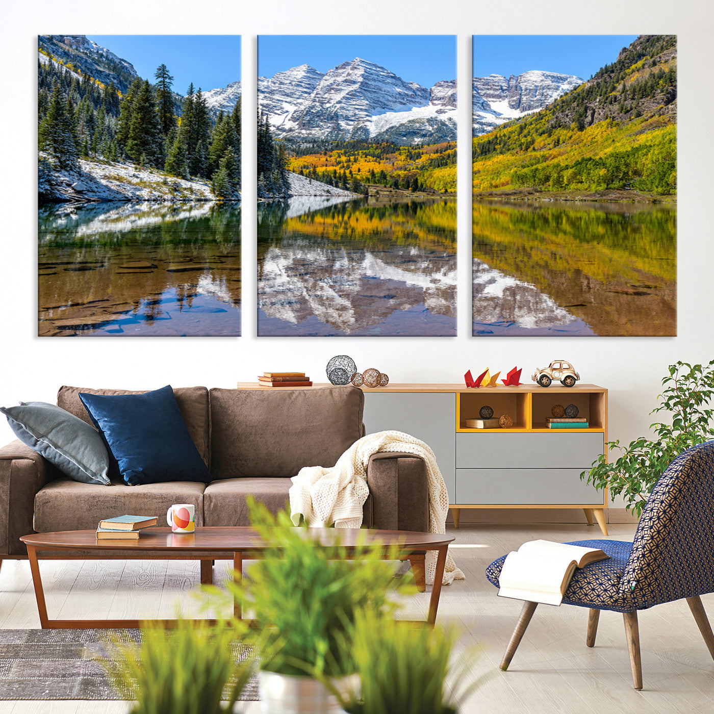 Canvas of Maroon Bells reflected in a clear alpine lake, with golden aspens and snowy peaks, ideal for crisp autumn or mountain-themed decor.