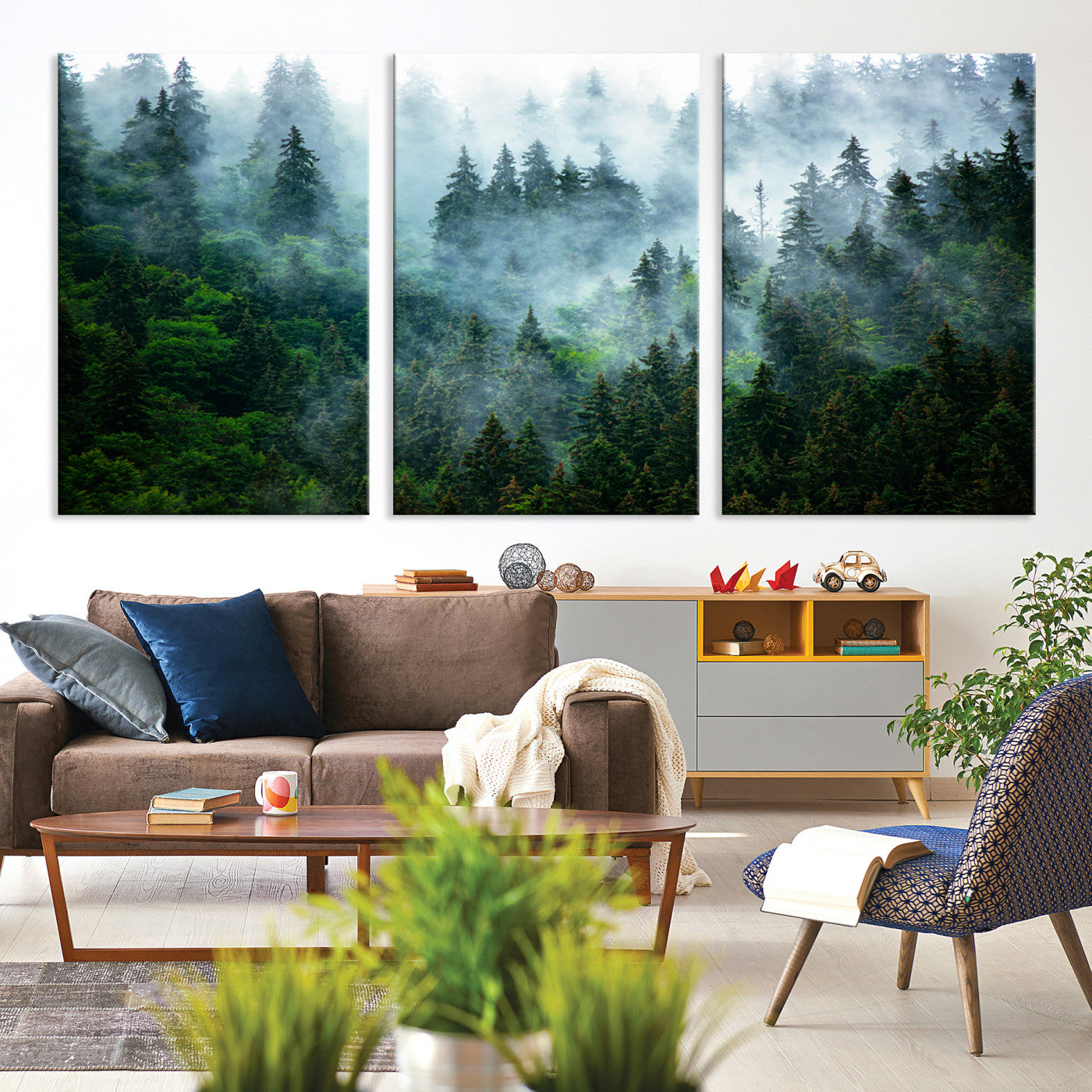 17393683-MGV-CV-48X32-3P-Misty Forest Wall Art Canvas Print – Framed Foggy Mountain Landscape Artwork, Serene Scenic Decor for Home, Office