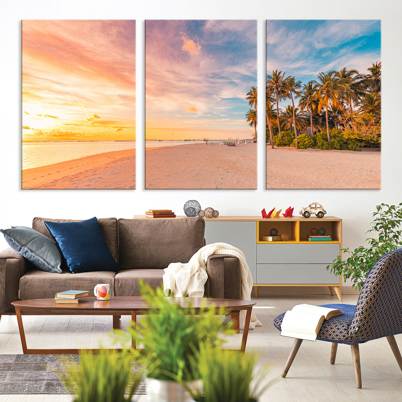 Tropical beach canvas with palm trees and soft sunset tones, ideal for coastal or beach-style home décor in warm pastel hues.
