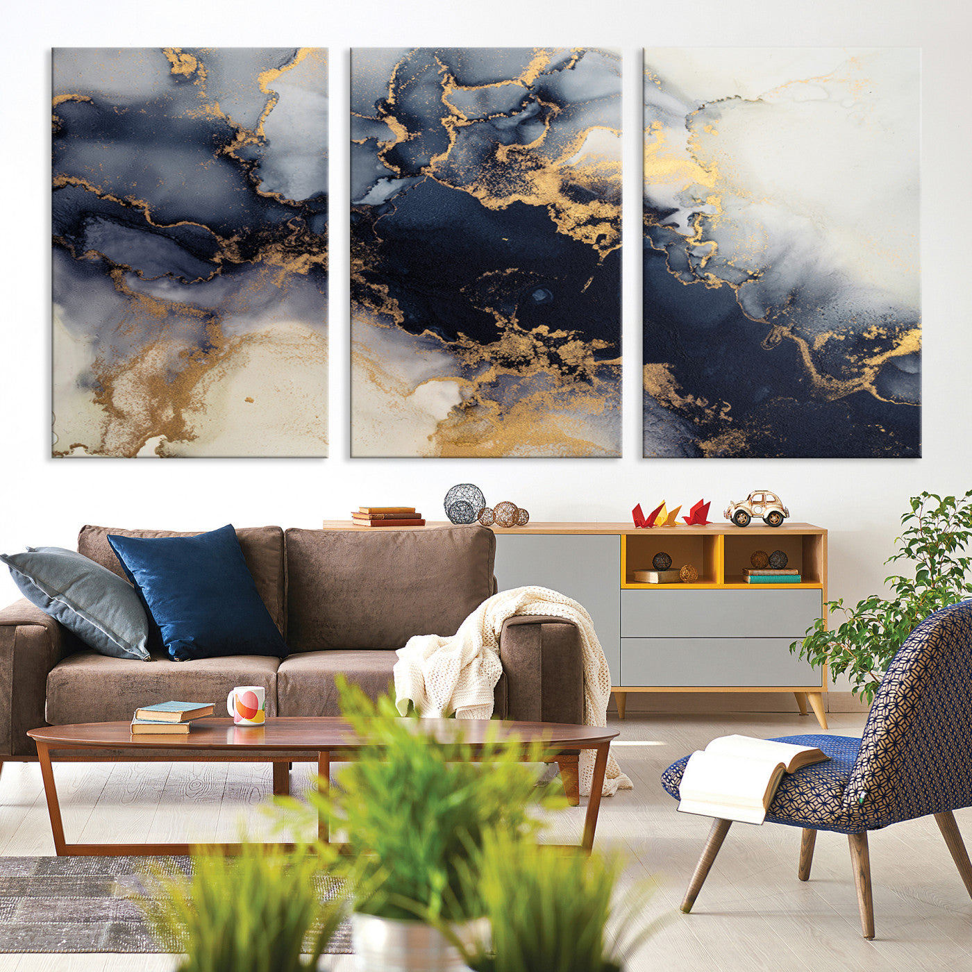 41136487-MGV-CV-48X32-3P-Black Marble Wall Art Canvas Print – Framed Abstract Gold Veins Elegant Luxury Design Decor for Home, Office