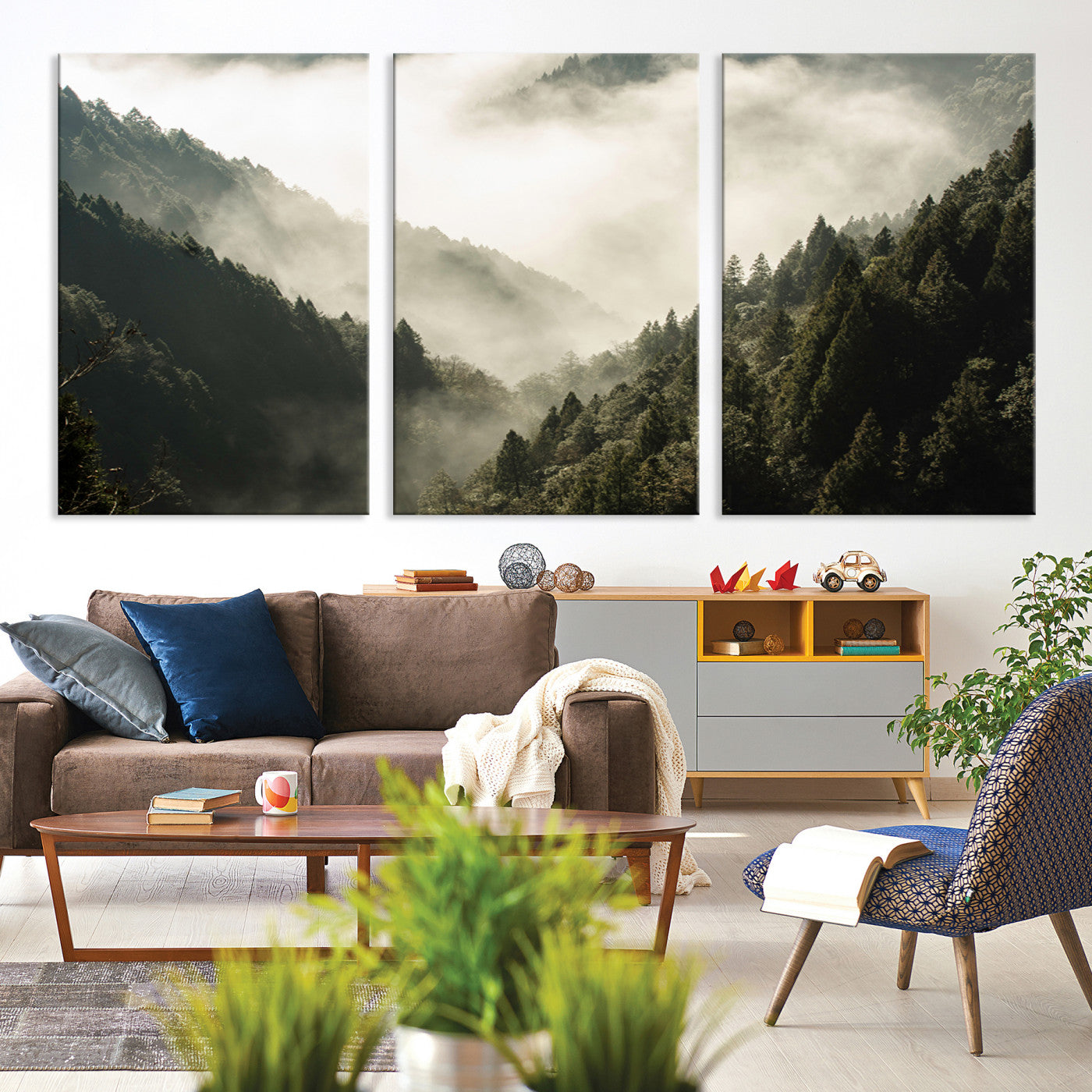 Canvas showing a misty pine forest valley with layered green hills and soft fog, perfect for moody or nature-themed decor styles.