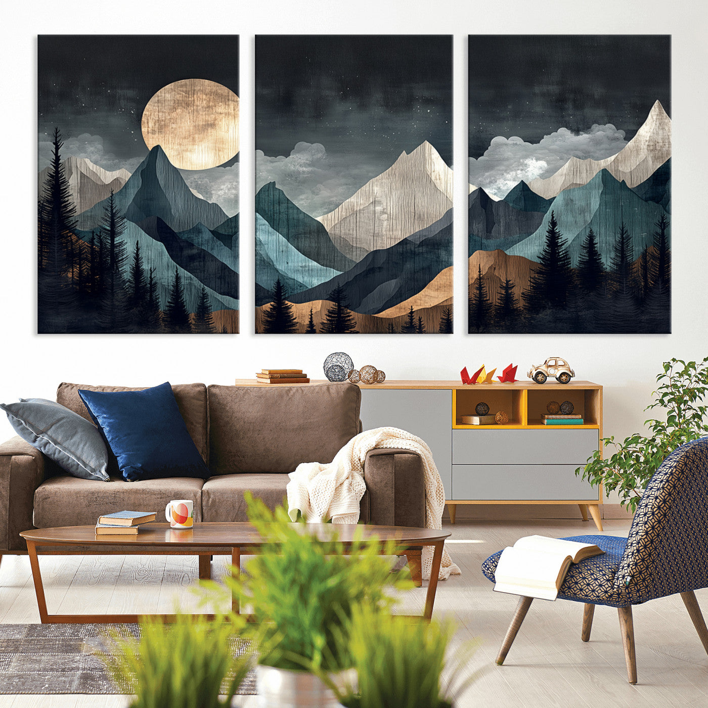 11060882-MGV-CV-36X24-Moonlit Mountain Wall Art Canvas Print – Silhouetted Pines Layered Peaks Tranquil Sky Mist Silver Light Nature Artwork for Home