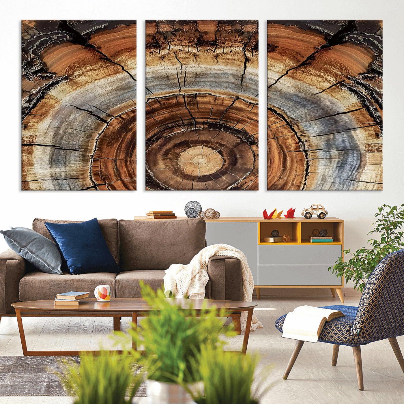 -Tree Rings Wall Art Canvas Print, Framed Wood Texture Art Picture Print, Rustic Pattern Perfect Rustic Organic Decor Artwork
