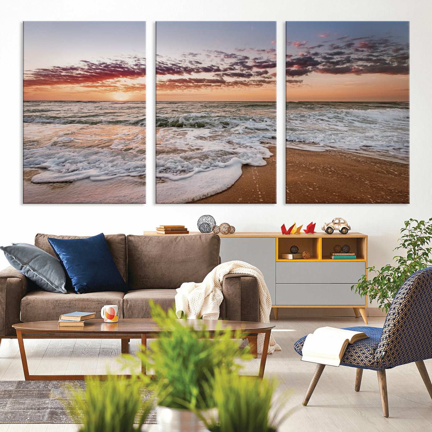 39846389-MGV-CV-36X24-Ocean Sunset Wall Art Canvas Print – Framed Sandy Shore Gentle Waves Coastal Landscape Minimalist Artwork for Home, Office