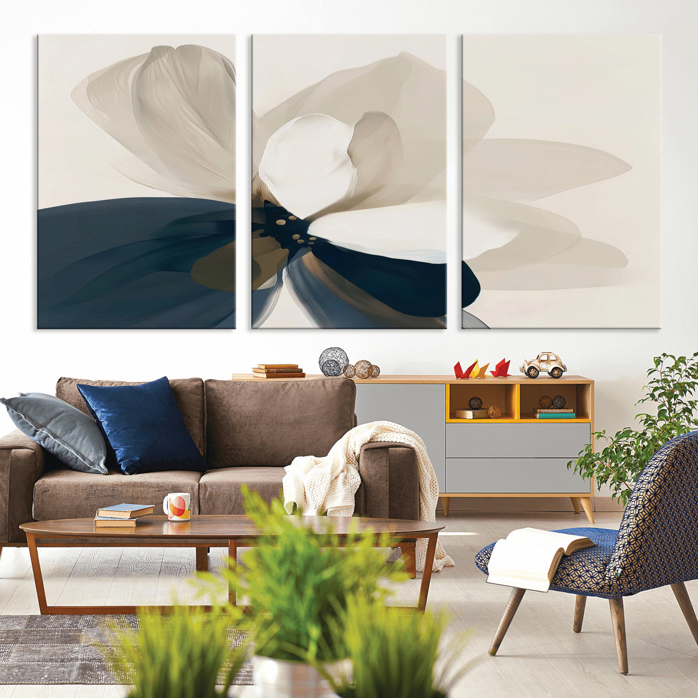 -Minimal Flower Wall Art Canvas Print, Framed Flower Drawing Art Picture Print, Beige Bloom Perfect Modern Botanical Decor Artwork