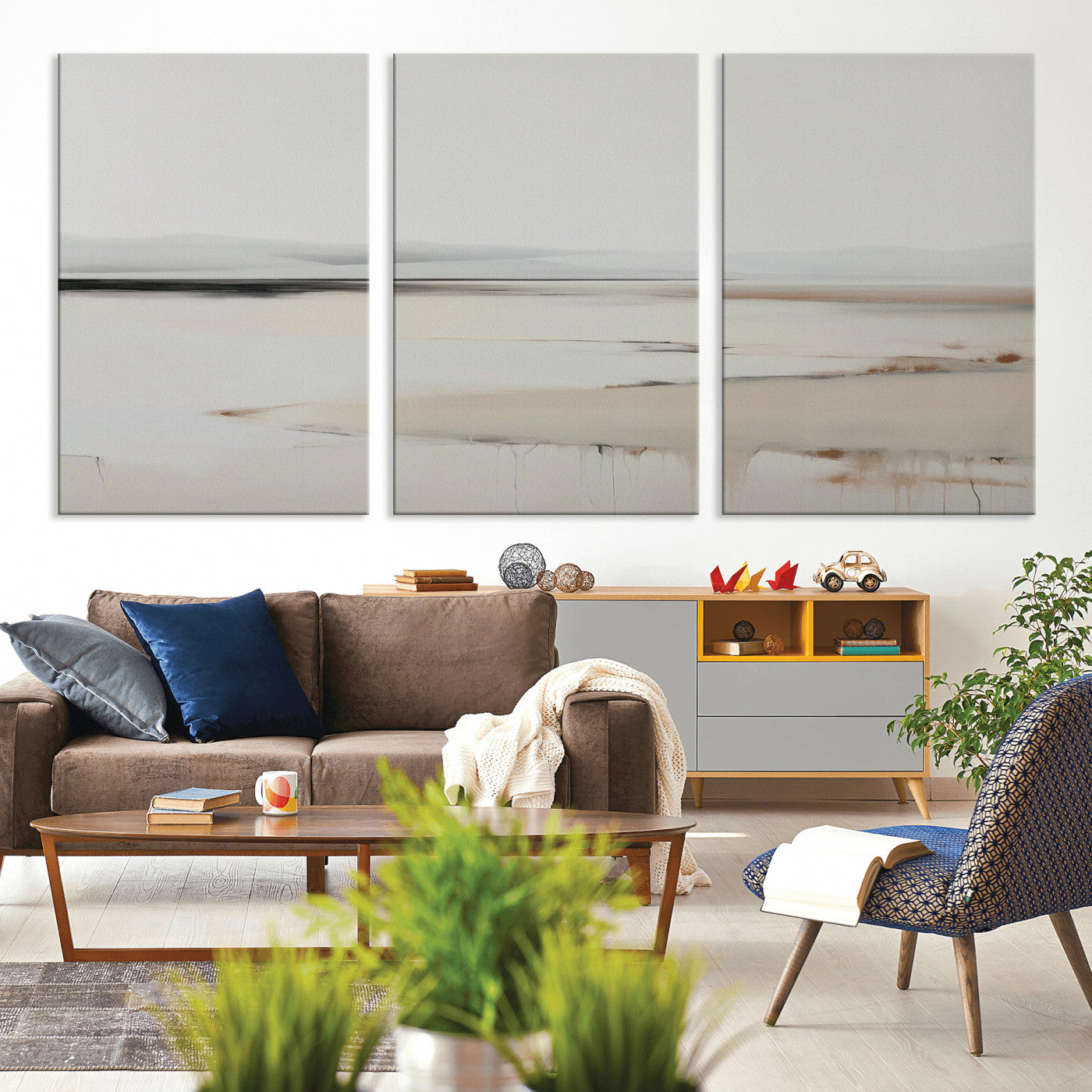 89410095-MGV-CV-36X24-Minimalist Landscape Wall Art Canvas Print – Framed Soft Horizon Abstract Seascape Earthy Tones Artwork for Home Office