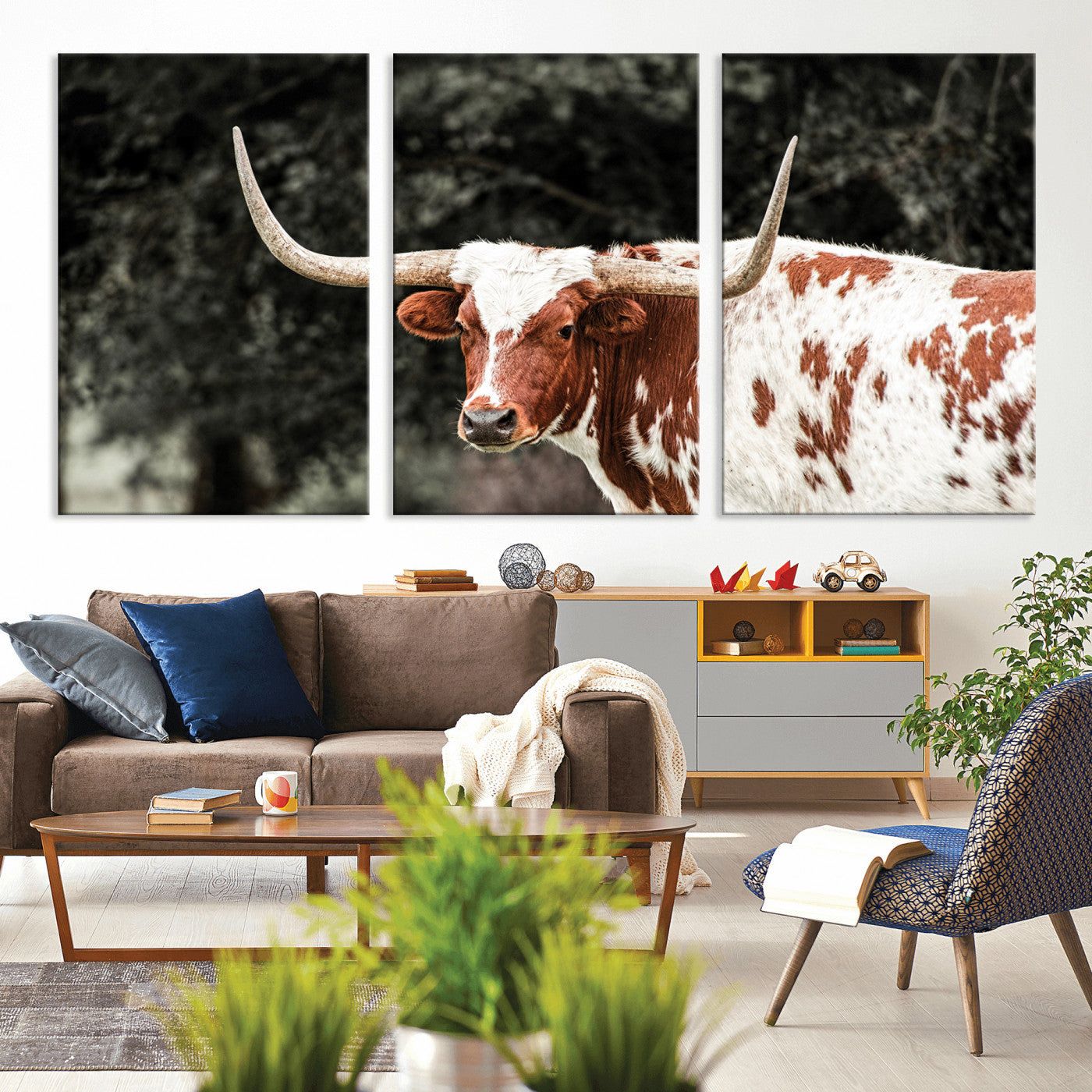 -Texas Longhorn Wall Art Canvas Print, Framed Spotted Cow Art Picture Print, Horned Bull Perfect Rustic Western Decor Artwork