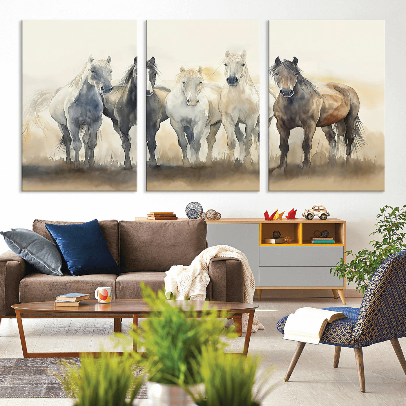 MGV-CV-60X30-3P - Wild Horses Wall Art Canvas Print, Framed Running Horses Art Picture Print, Watercolor Horses Perfect Rustic Western Decor Artwork