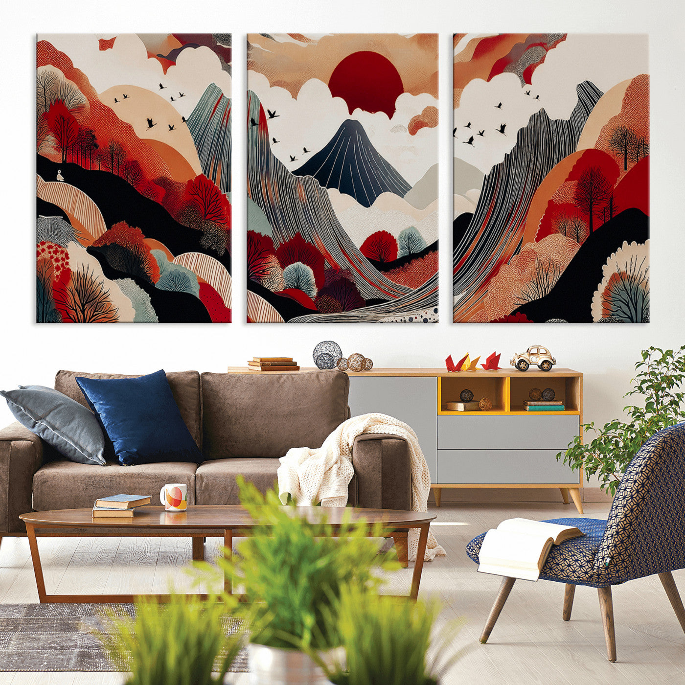 -Abstract Mountain Wall Art Canvas Print, Framed Vibrant Landscape Art Picture Print, Stylized Nature Drawing Perfect Contemporary Minimalist Decor Artwork