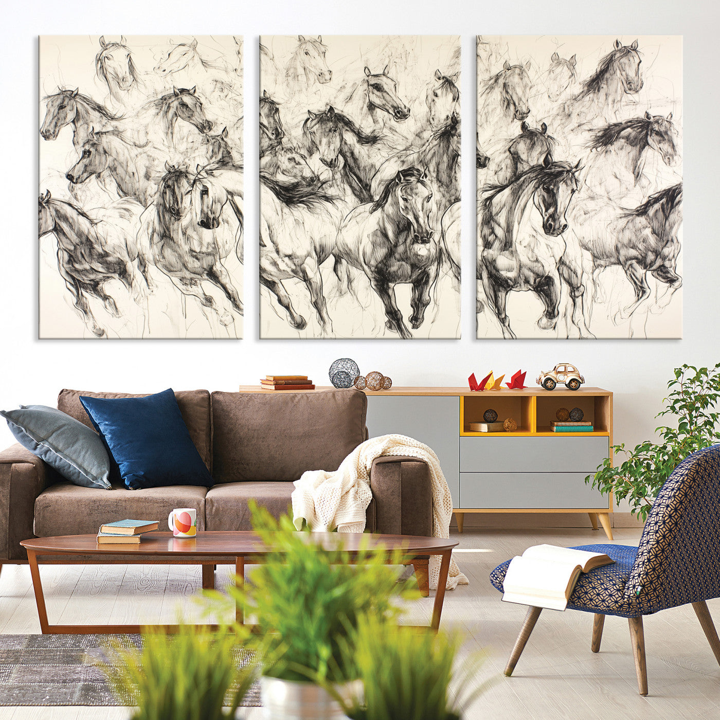 19433417-MGV-CV-36X24-Running Horses Wall Art Canvas Print – Framed Galloping Herd Dynamic Equestrian Sketch Nature Artwork for Home Office