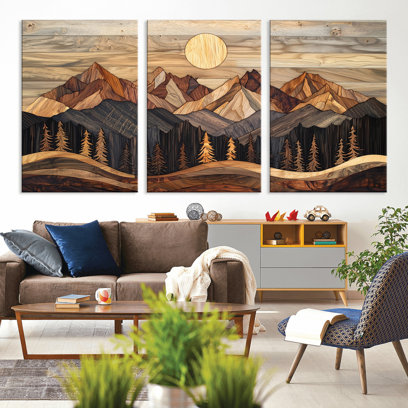 50100230-MGV-CV-36X24-Wood Mountain Wall Art Canvas Print – Framed Boho Abstract Woodland Rustic Farmhouse Geometric Artwork for Home Office