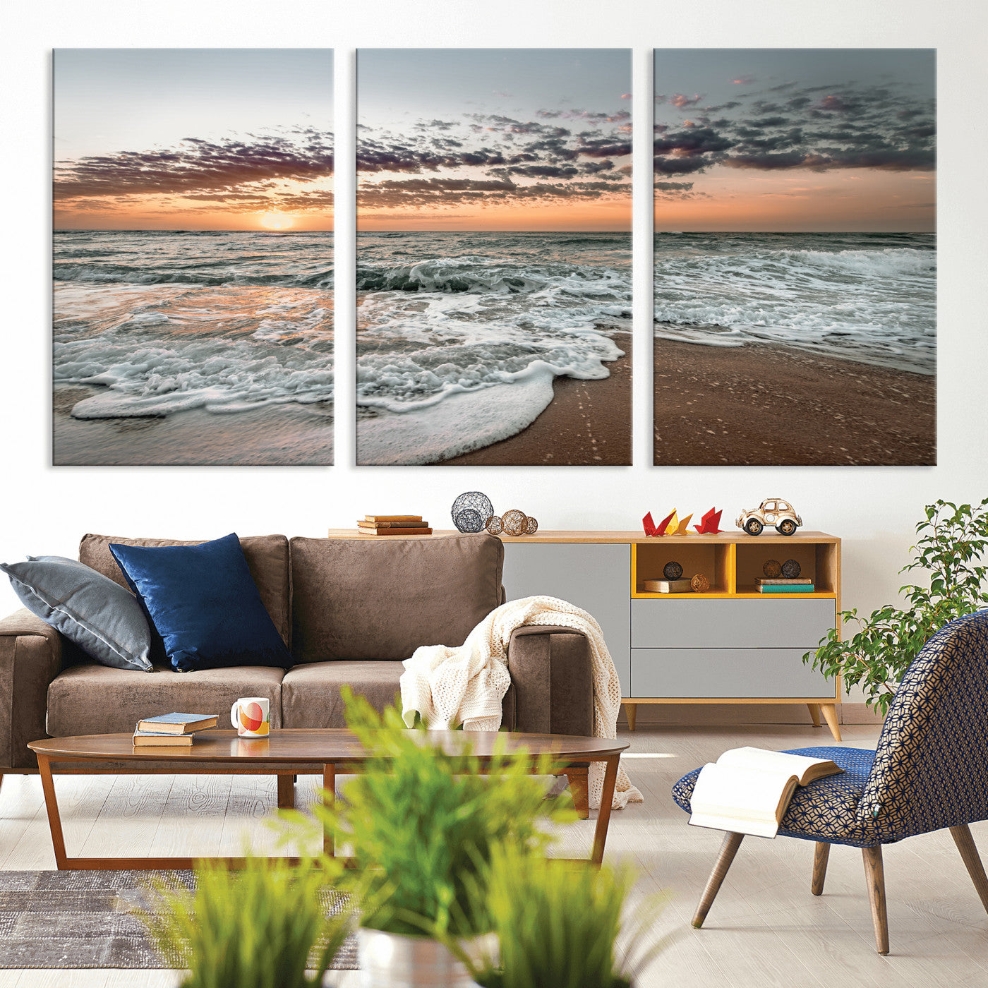 40632752-MGV-CV-36X24-Ocean Sunset Wall Art Canvas Print – Framed Beach Waves Scene with Coastal Artwork for Home, Office, Living Room