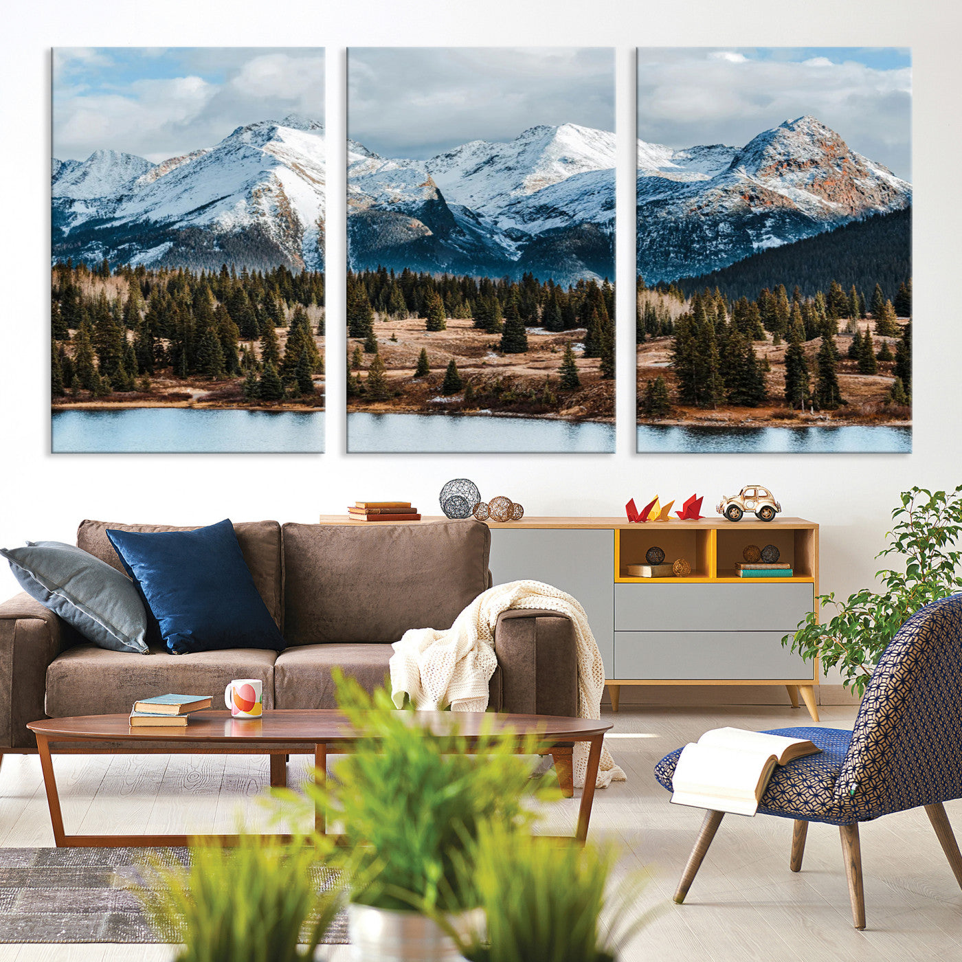 -Snowy Peaks Wall Art Canvas Print, Framed Alpine Lake Art Picture Print, Pine Forest Perfect Alpine