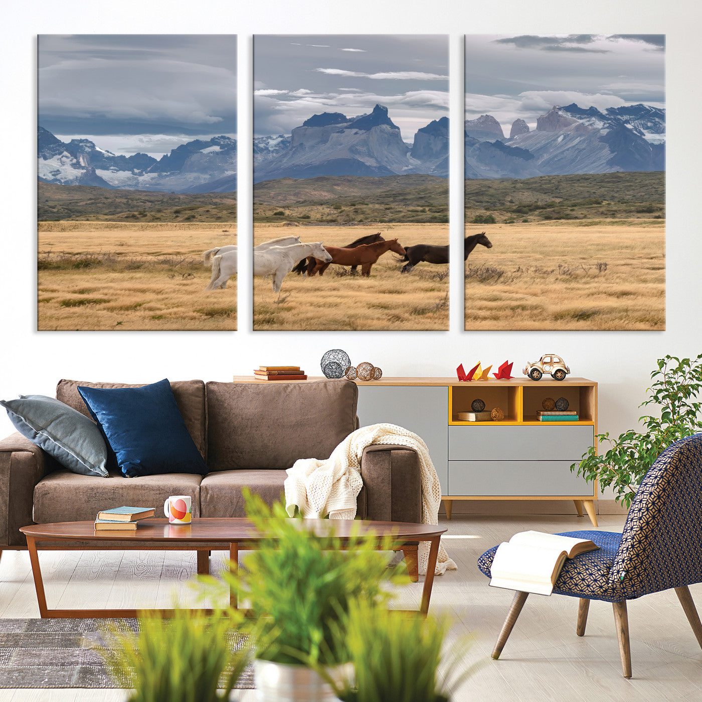 69960232-MGV-CV-36X24-Horses Grazing Wall Art Canvas Print – Framed Mountain Field Scenic Landscape Cloudy Sky Nature Artwork for Home Office