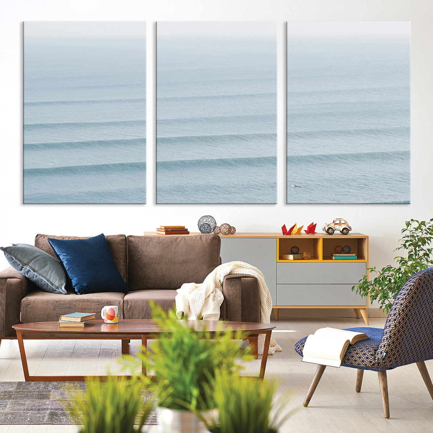 -Ocean Waves Wall Art Canvas Print, Framed Solo Surfer Art Picture Print, Wave Lines Perfect