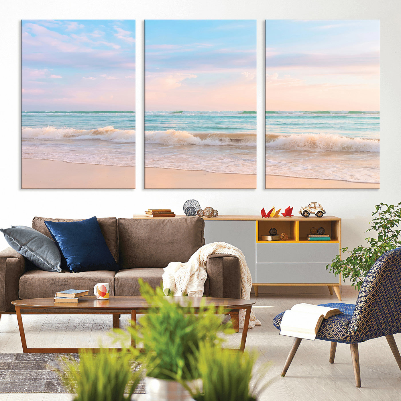 74679437-MGV-CV-36X24 - Serene Waves Wall Art – Golden Shore & Soft Pastel Sky Canvas Print, Gentle Ocean and Peaceful Sunset for Living Room or Office