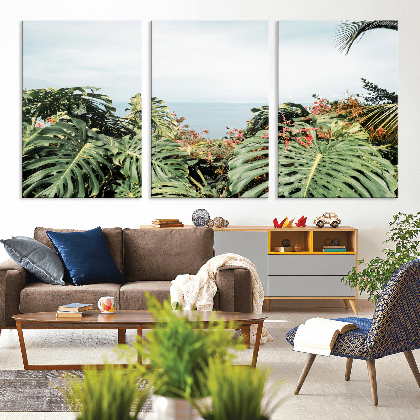 45700479-MGV-CV-36X24 - Tropical Greenery Wall Art – Exotic Leaves & Ocean View Canvas Print, Sunlit Paradise and Vibrant Nature for Living Room or Coastal Decor