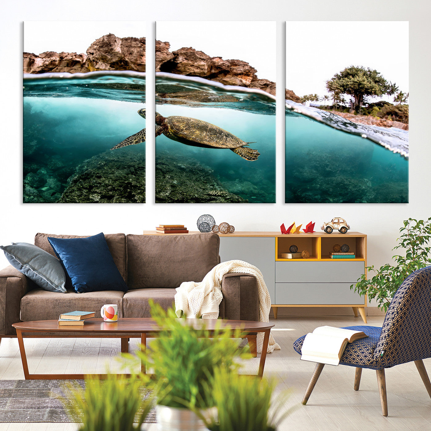 -Sea Turtle Wall Art Canvas Print, Framed Ocean Life Art Picture Print, Tropical Perfect Coastal