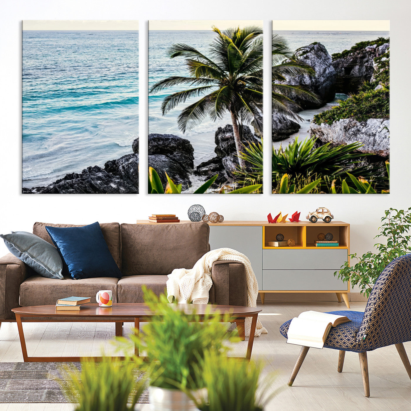 94669907-MGV-CV-36X24-Tropical Coastline Wall Art Canvas Print – Framed Palm Tree and Rocky Beach Scene Artwork for Home, Office Decor