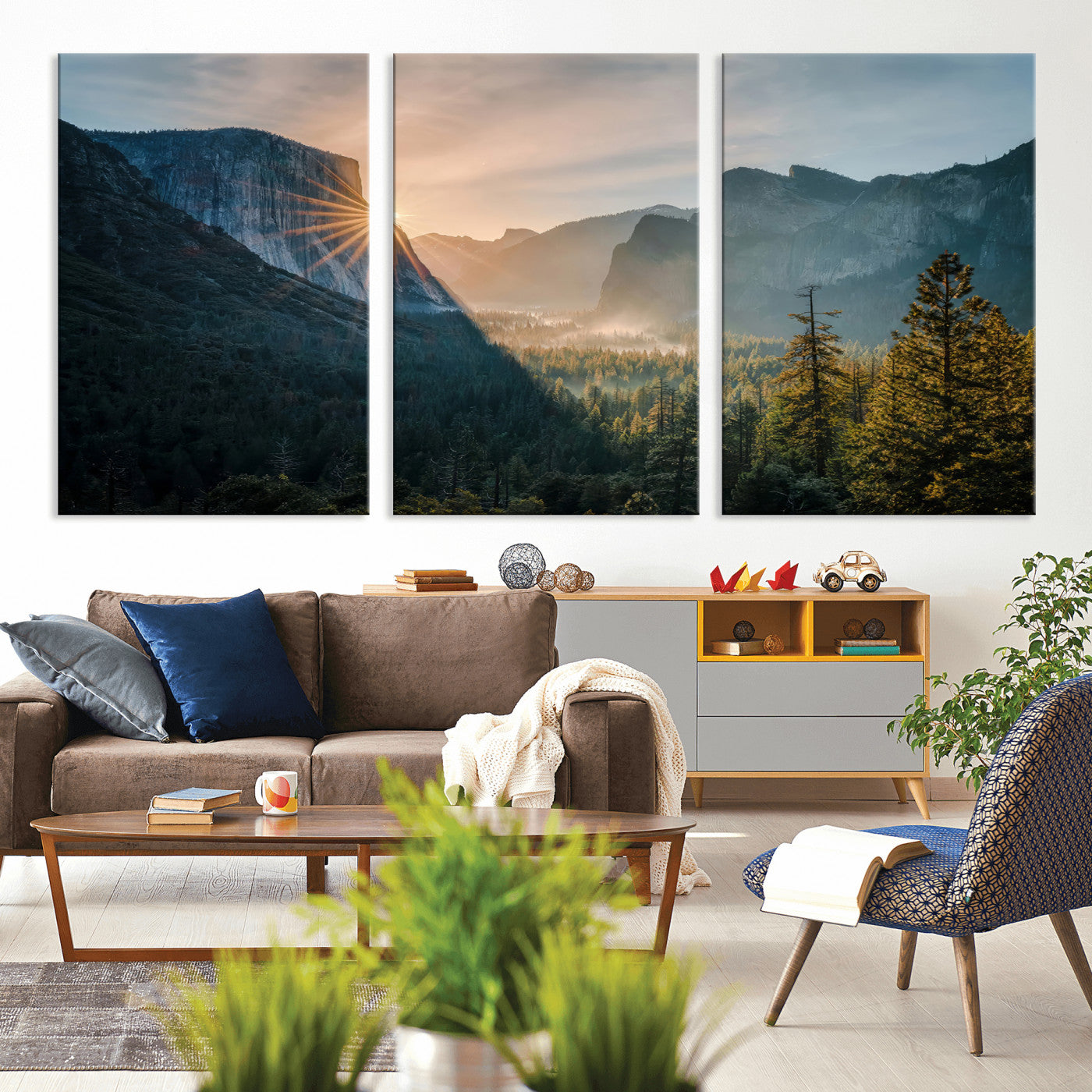 51605481-MGV-CV-36X24 - Yosemite Valley Wall Art – Misty Forest Peaks Canvas Print, Radiant Light, Tranquil Nature Landscape for Living Room or Cabin Decor