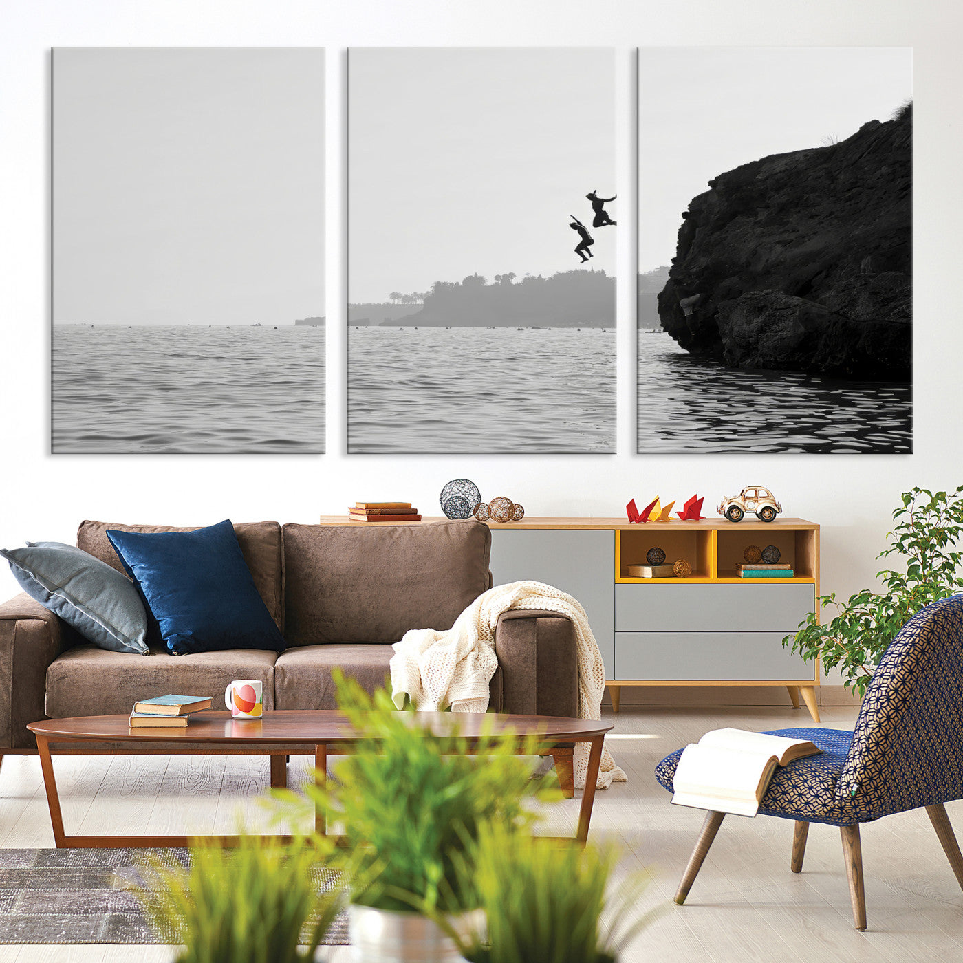 52284302-MGV-CV-36X24-Jumping Wall Art Canvas Print – Framed Coastal Ocean Scene Artwork for Relaxing Beach Home, Office Decor