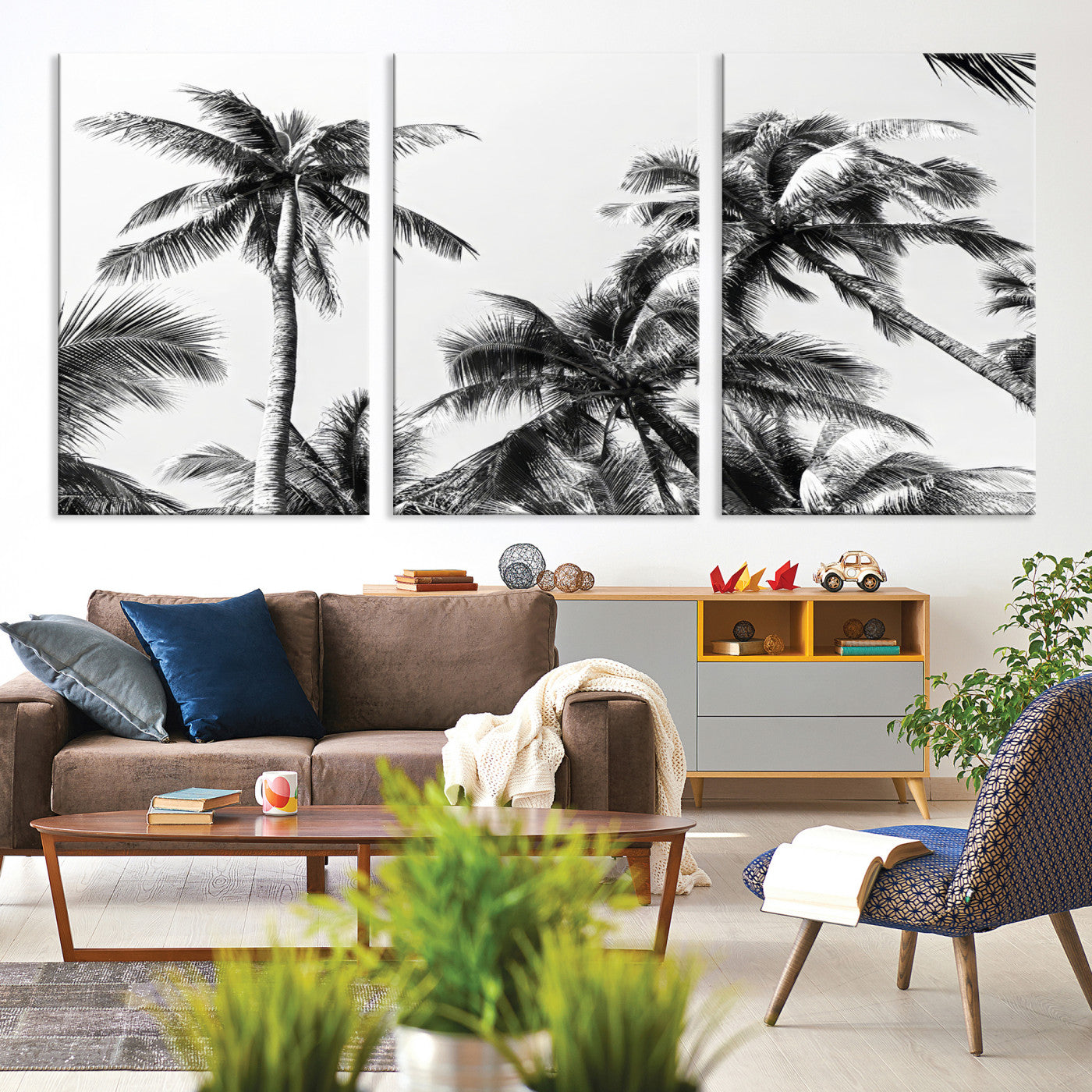 -Palm Wall Art Canvas Print, Framed Tropics Art Picture Print, Monochrome Perfect Minimalist Decor