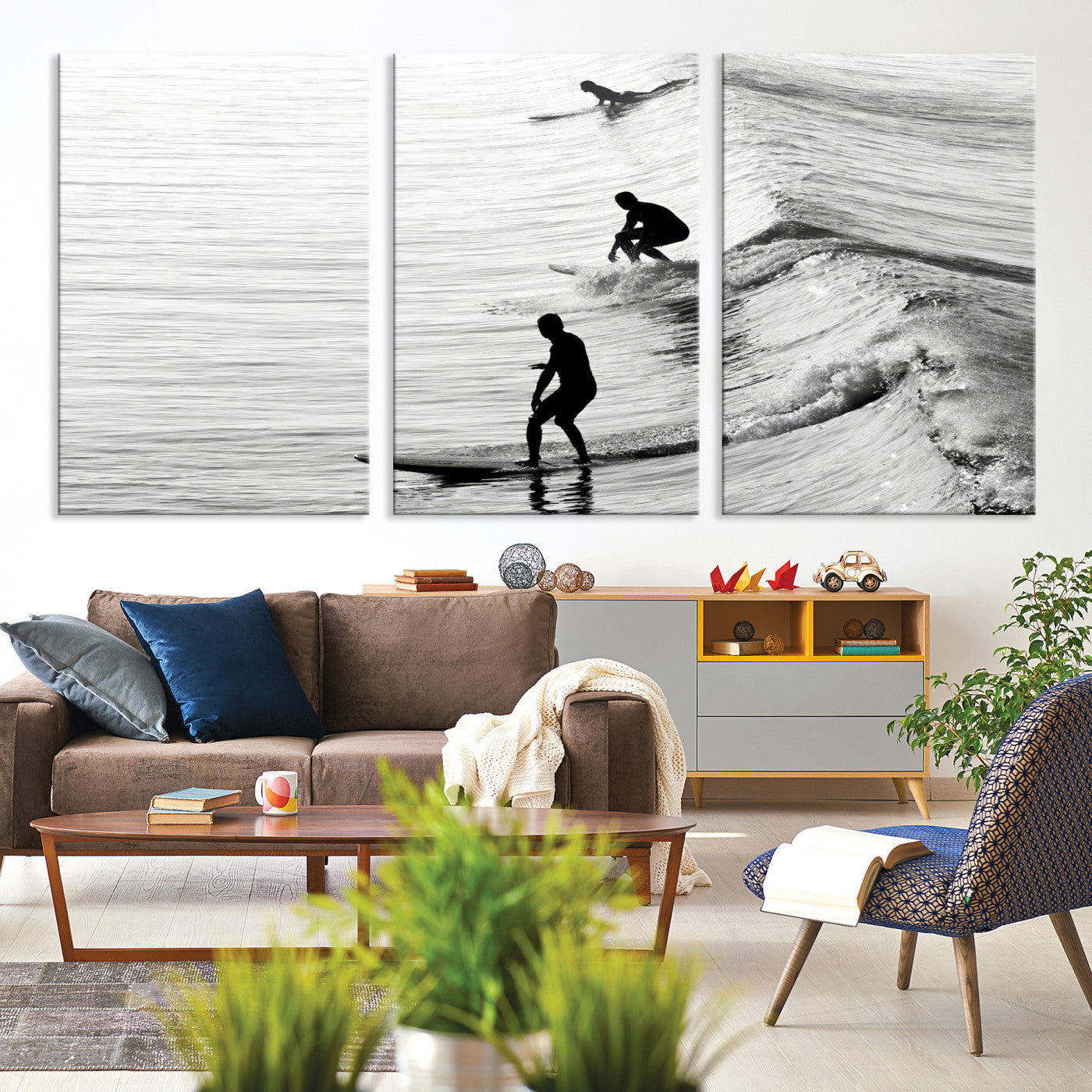 -Surfers on Waves Wall Art Canvas Print, Framed Black White Surf Art Picture Print, Monochrome Ocean