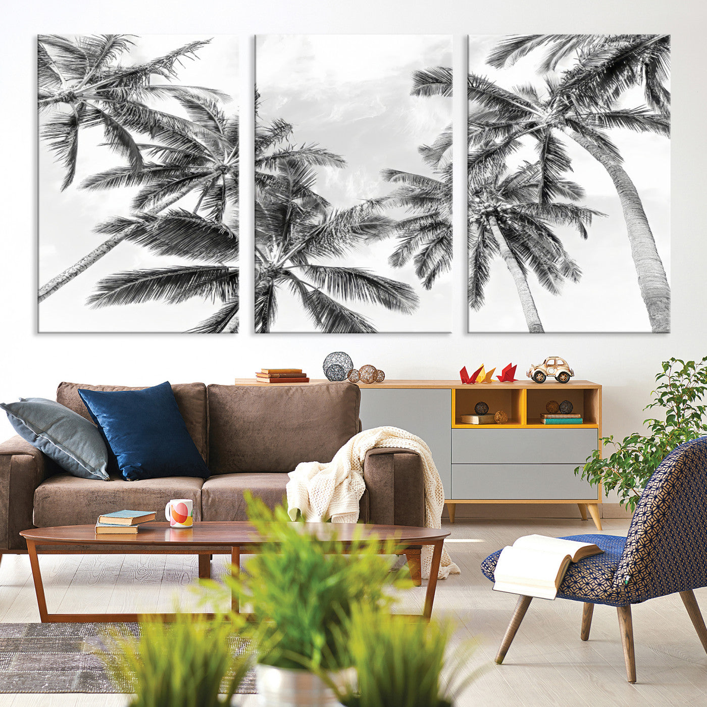 62113786-MGV-CV-36X24-Black and White Palm Wall Art Canvas Print – Framed Monochrome Tropical Beach Scene Artwork for Modern Home, Office Decor