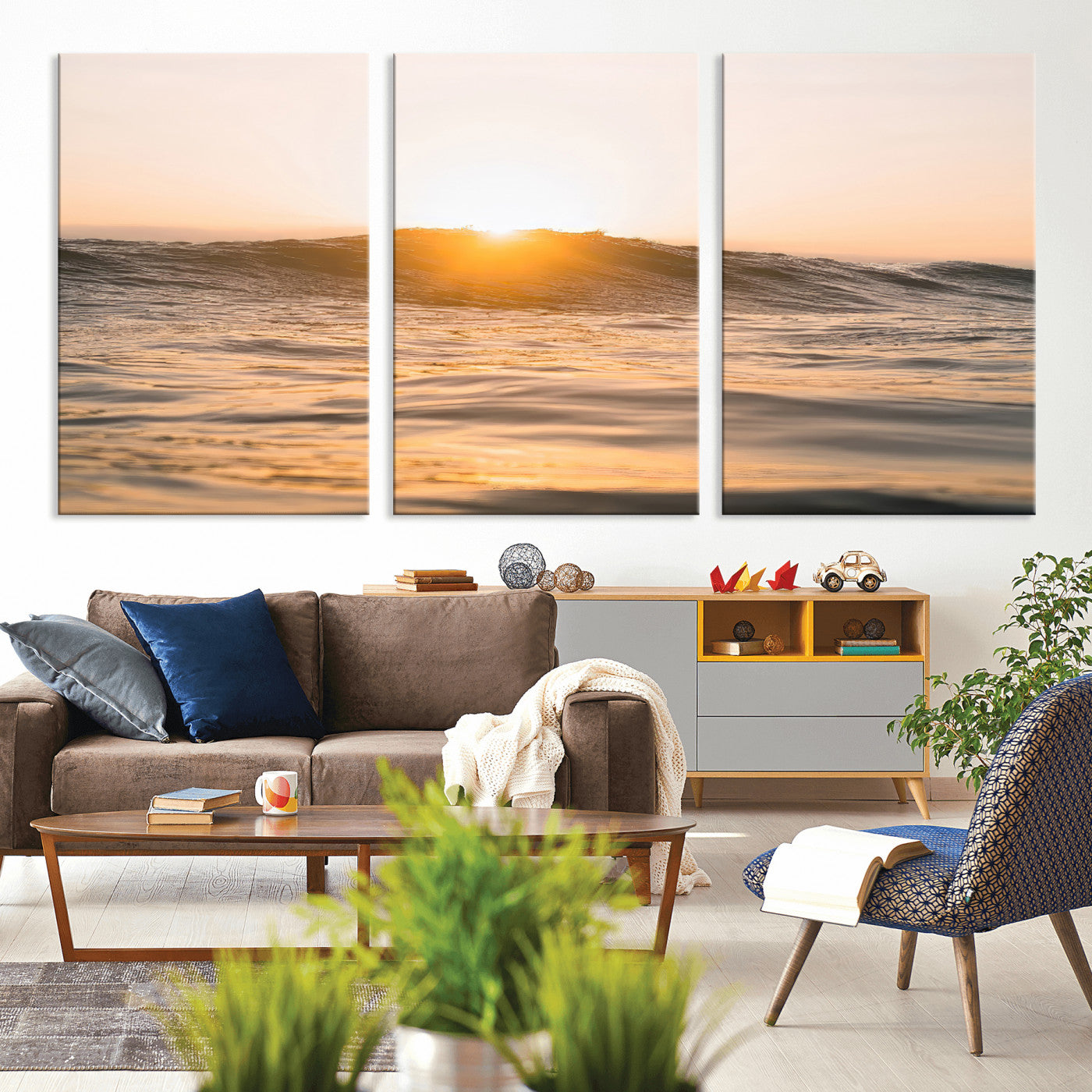 16973771-MGV-CV-36X24-Calm Water Wall Art – Framed Sunset Waves Canvas Artwork, Coastal Warm Design, Minimal Ocean Decor for Home, Office