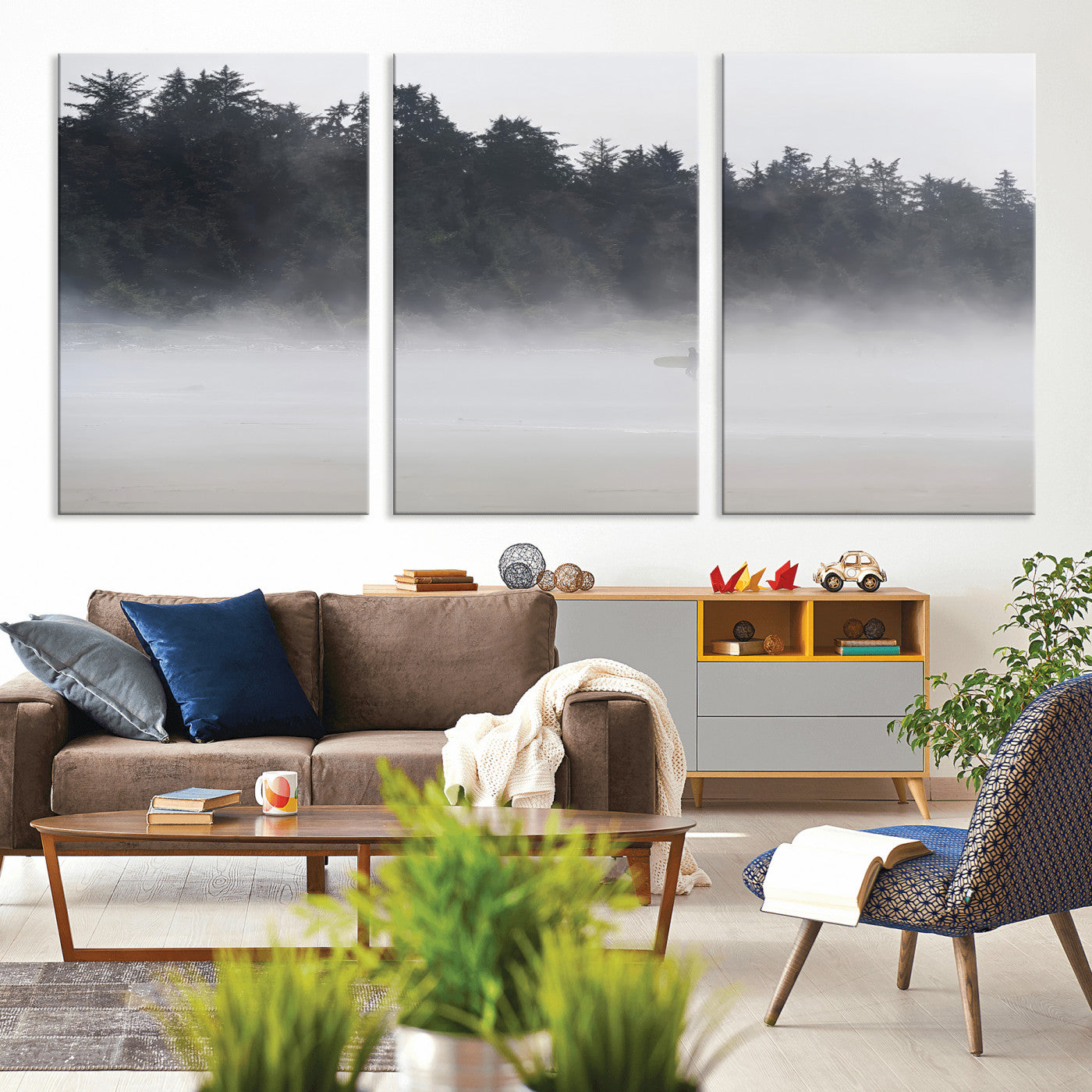 59703275-MGV-CV-36X24-Surfer Fog Wall Art Canvas Print – Framed Foggy Beach Scene with Coastal Surf Artwork for Home, Office, Living Room