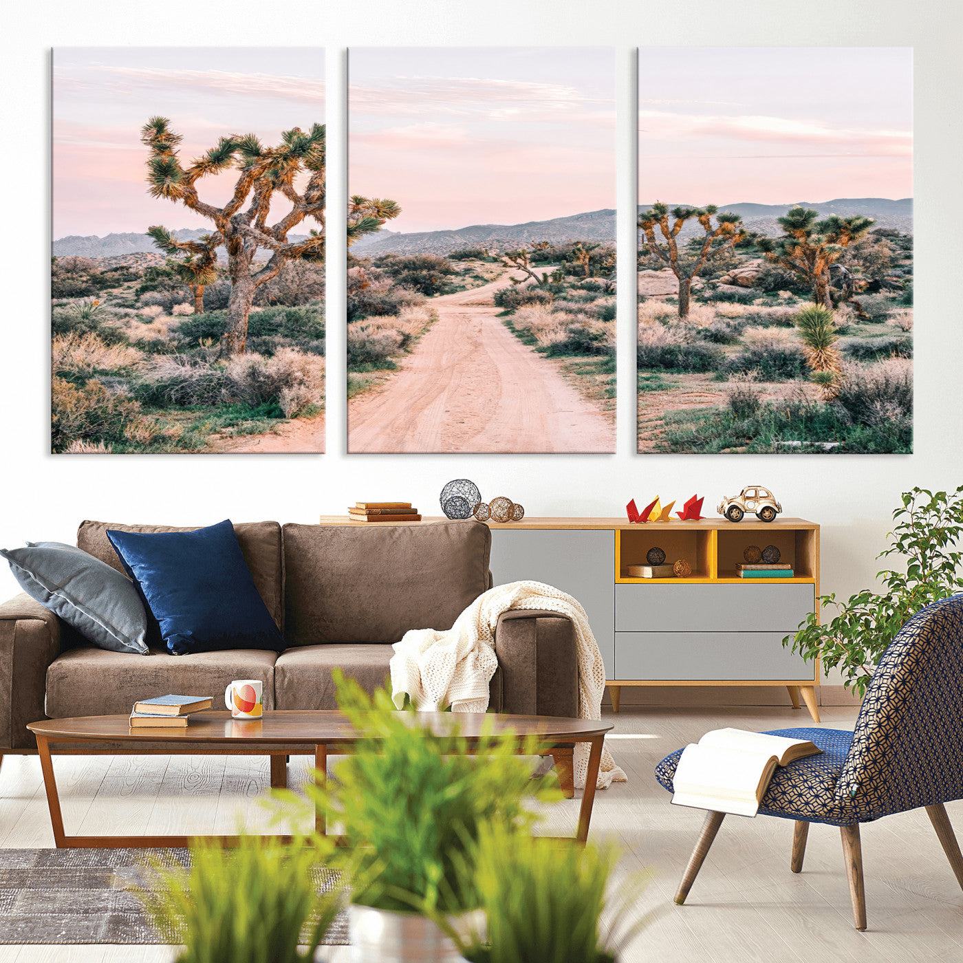 MGV-CV-60X30-3P - Desert Trail Wall Art – Canvas Print of Joshua Trees & Sunset Glow, Sandy Path Wilderness, Scenic Nature Escape Decor for Living Room, Office or Bedroom